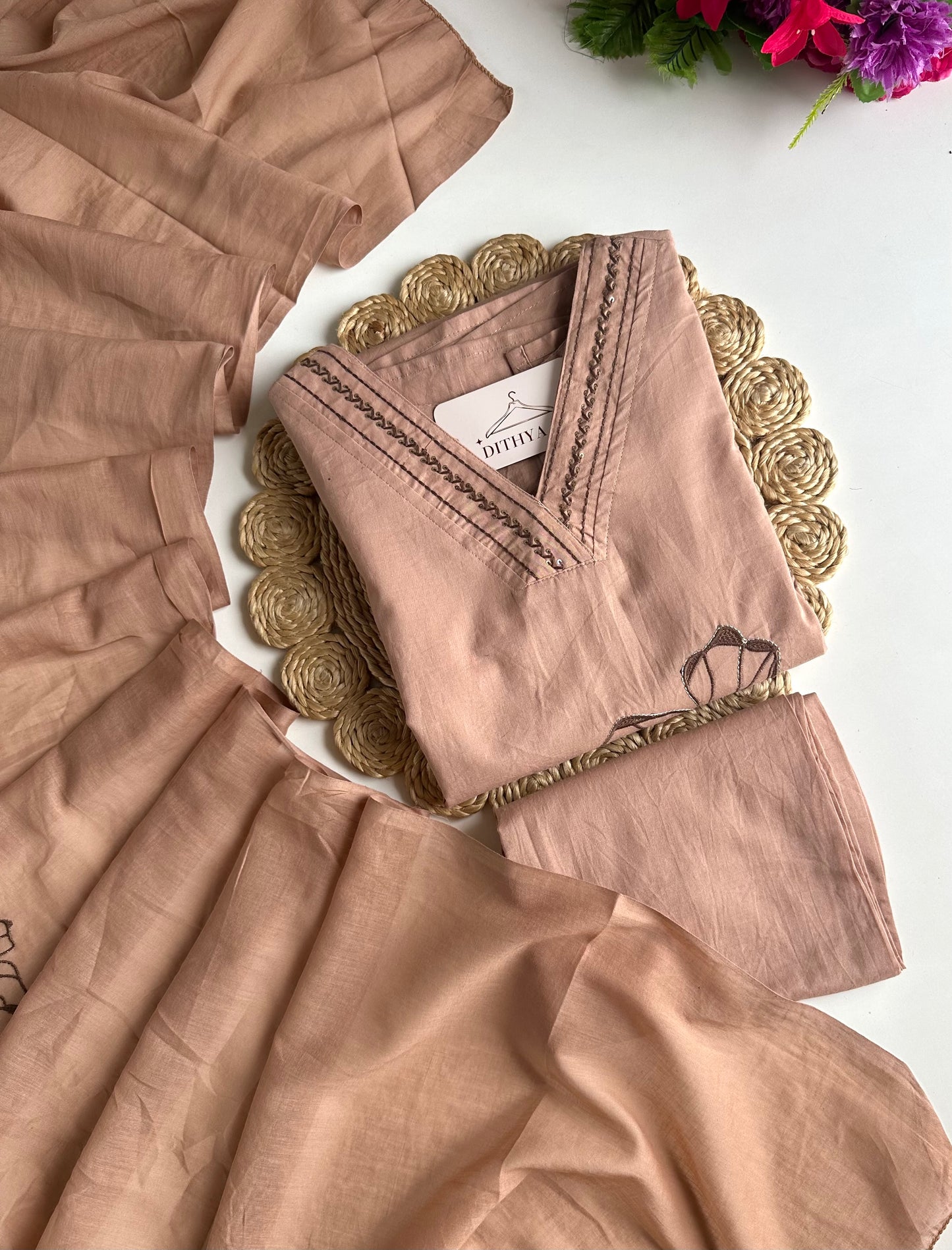 K184 - Mul cotton embroidered straight Kurti with pants and dupatta