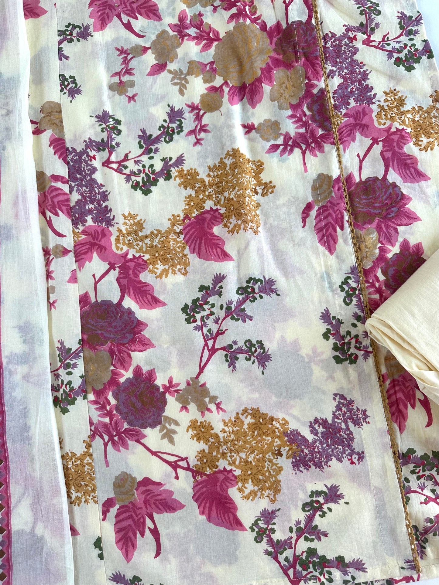 K244 - Mul cotton printed embroidered straight Kurti with pants and dupatta