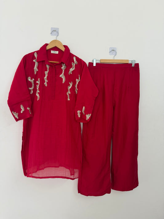 K135 - Mul chanderi handwork coord set
