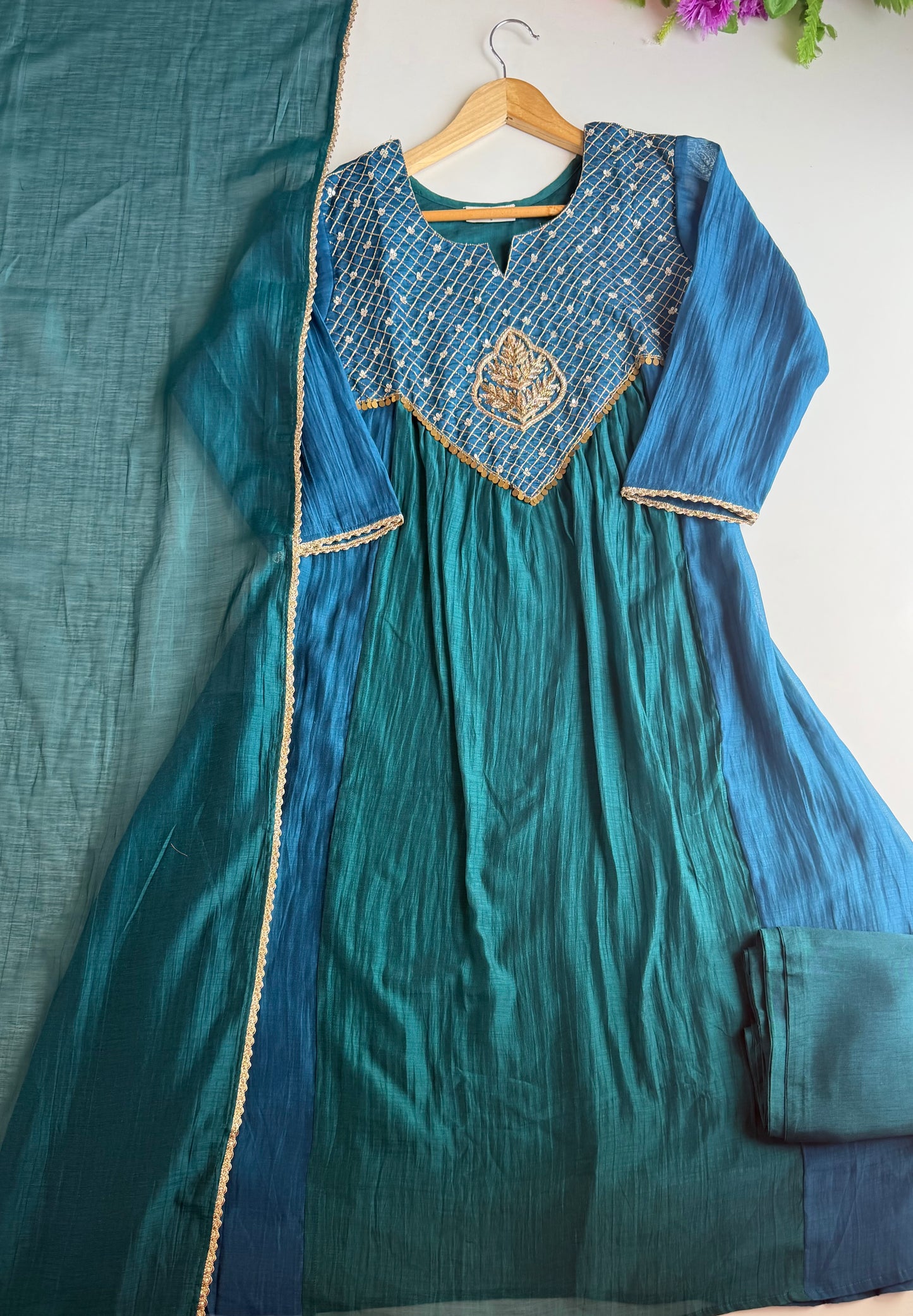 K603 - Mul chanderi handwork Anarkali with pants and dupatta in 2 colours