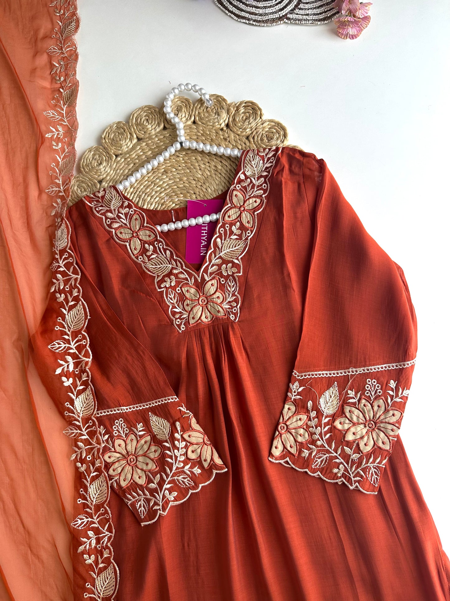 K110 - Roman silk Embroidered straight kurti with pants and dupatta