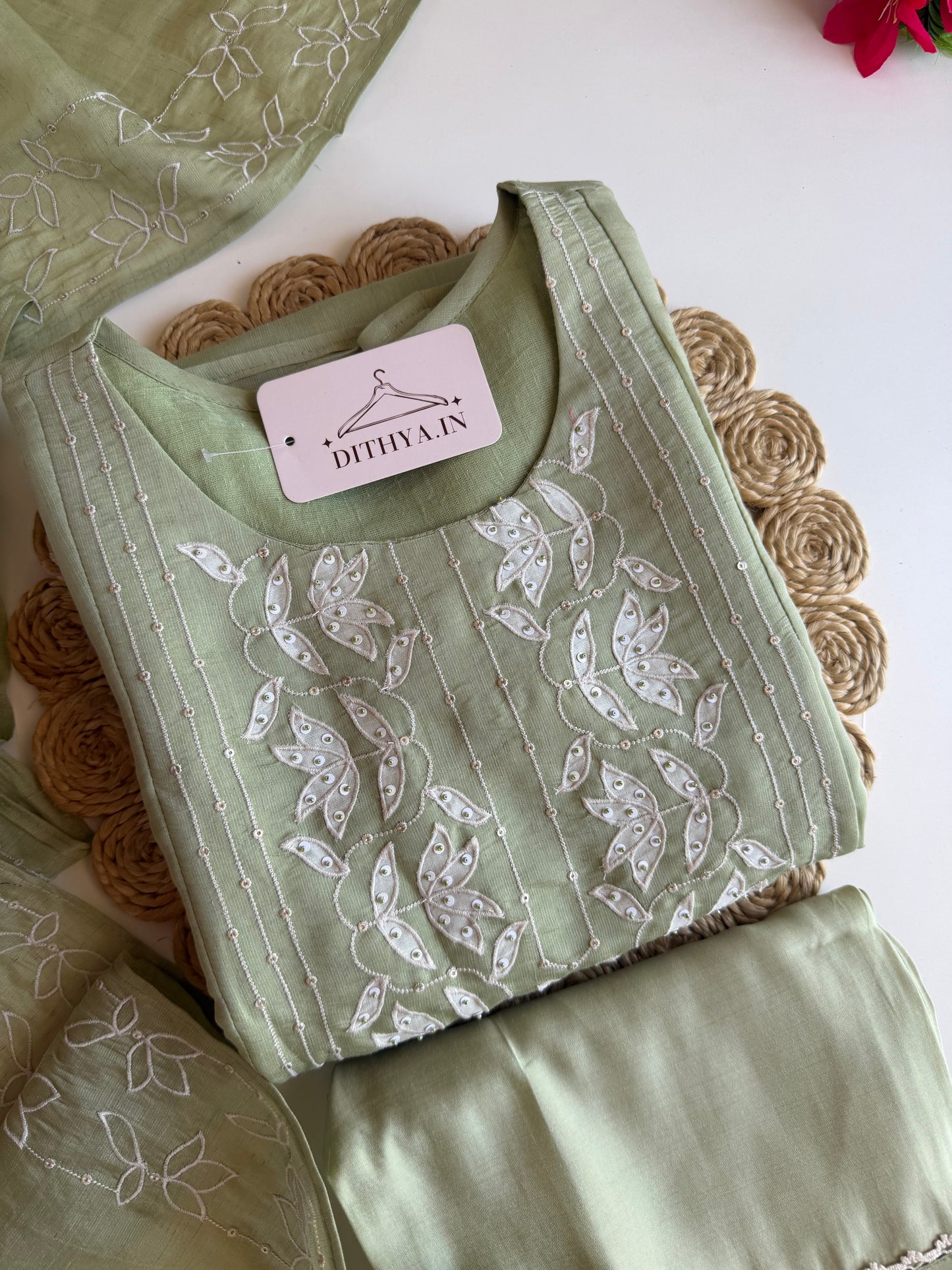 K361 - Muslin cotton embroidered Aline Kurti with pants and dupatta