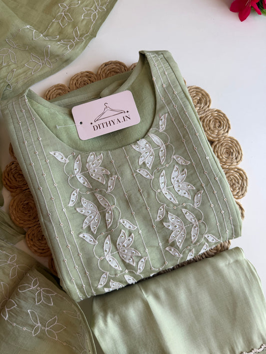 K361 - Muslin cotton embroidered Aline Kurti with pants and dupatta