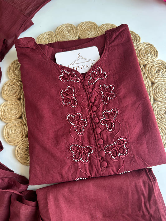 K728 - Mul cotton cut work straight Kurti with pants and dupatta