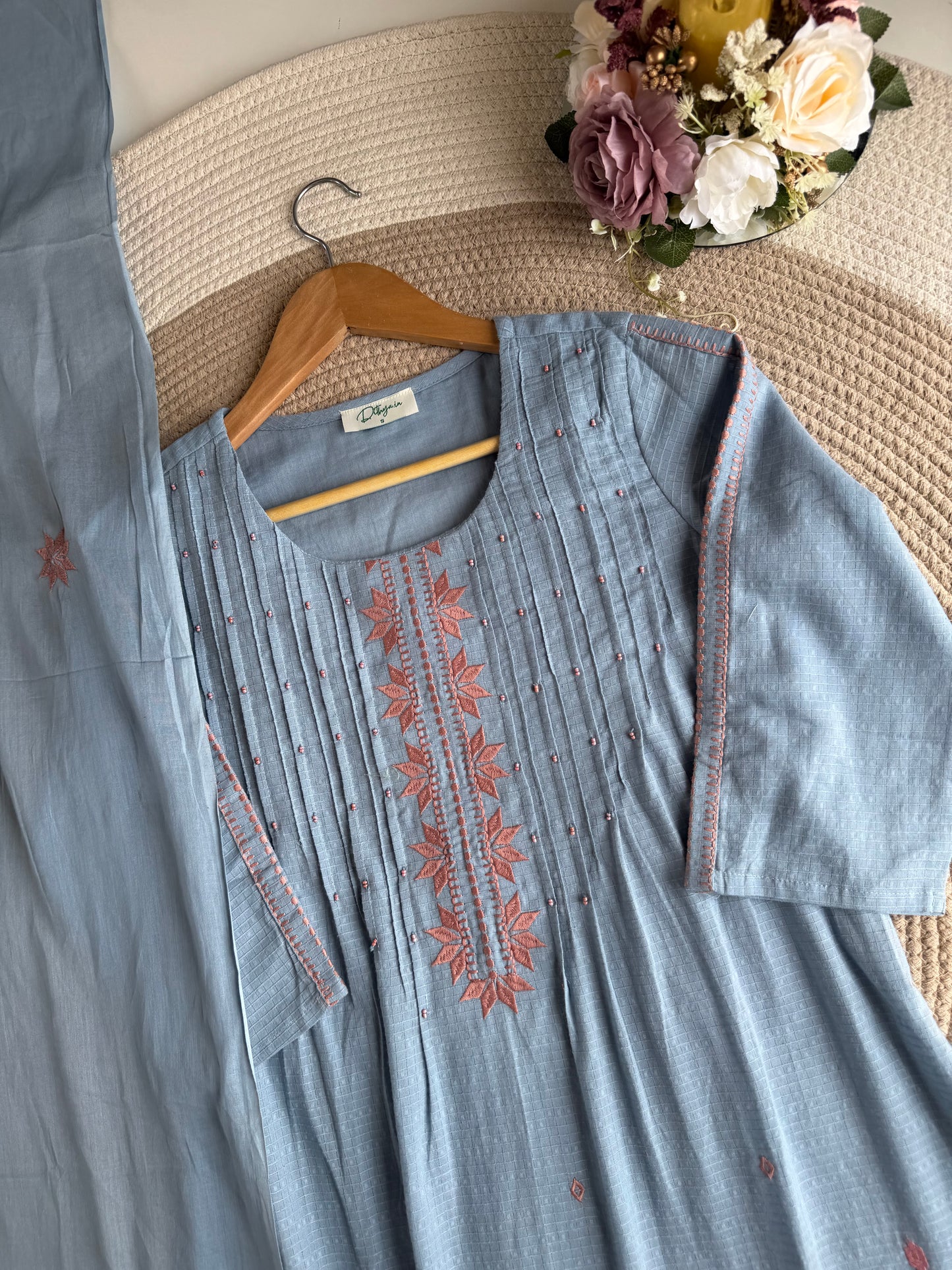 K226 - Mul cotton embroidered Aline Kurti with pants and dupatta in 2 colours