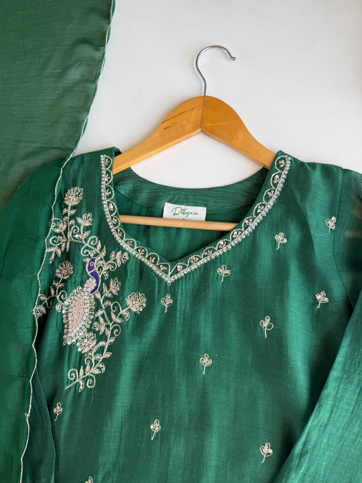K691 - Banarasi Mul chanderi handwork Aline Kurti with pants and dupatta