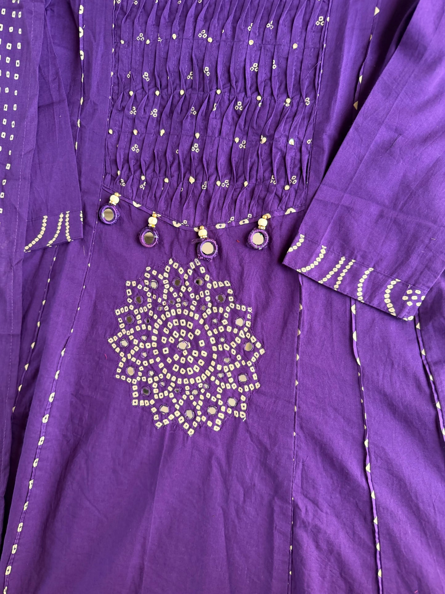 K273 - Mul cotton mirror work Anarkali with pants and dupatta in 4 colours