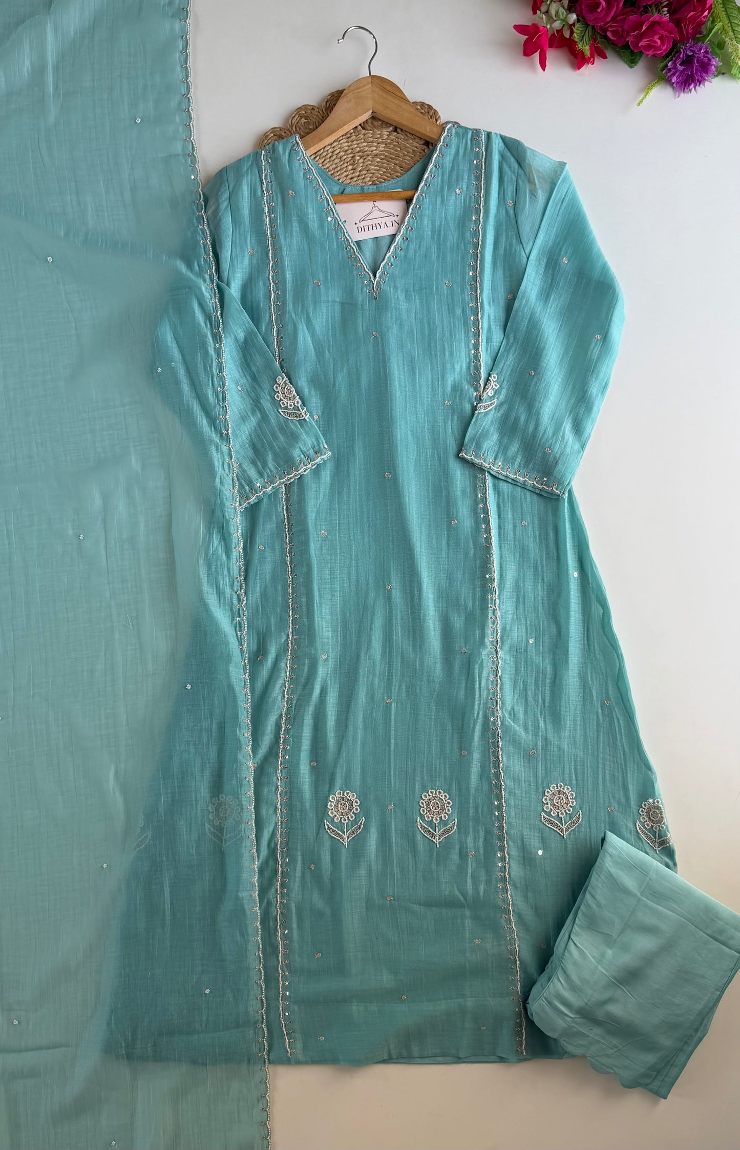 K011 - Mul chanderi pearl work aline Kurti with pants and dupatta