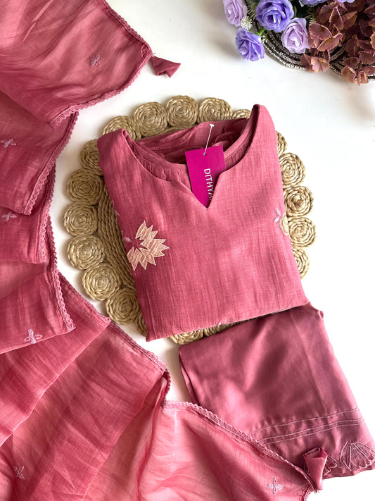 K030 - Mul Chanderi Appliqué work Aline Kurti with pants and dupatta