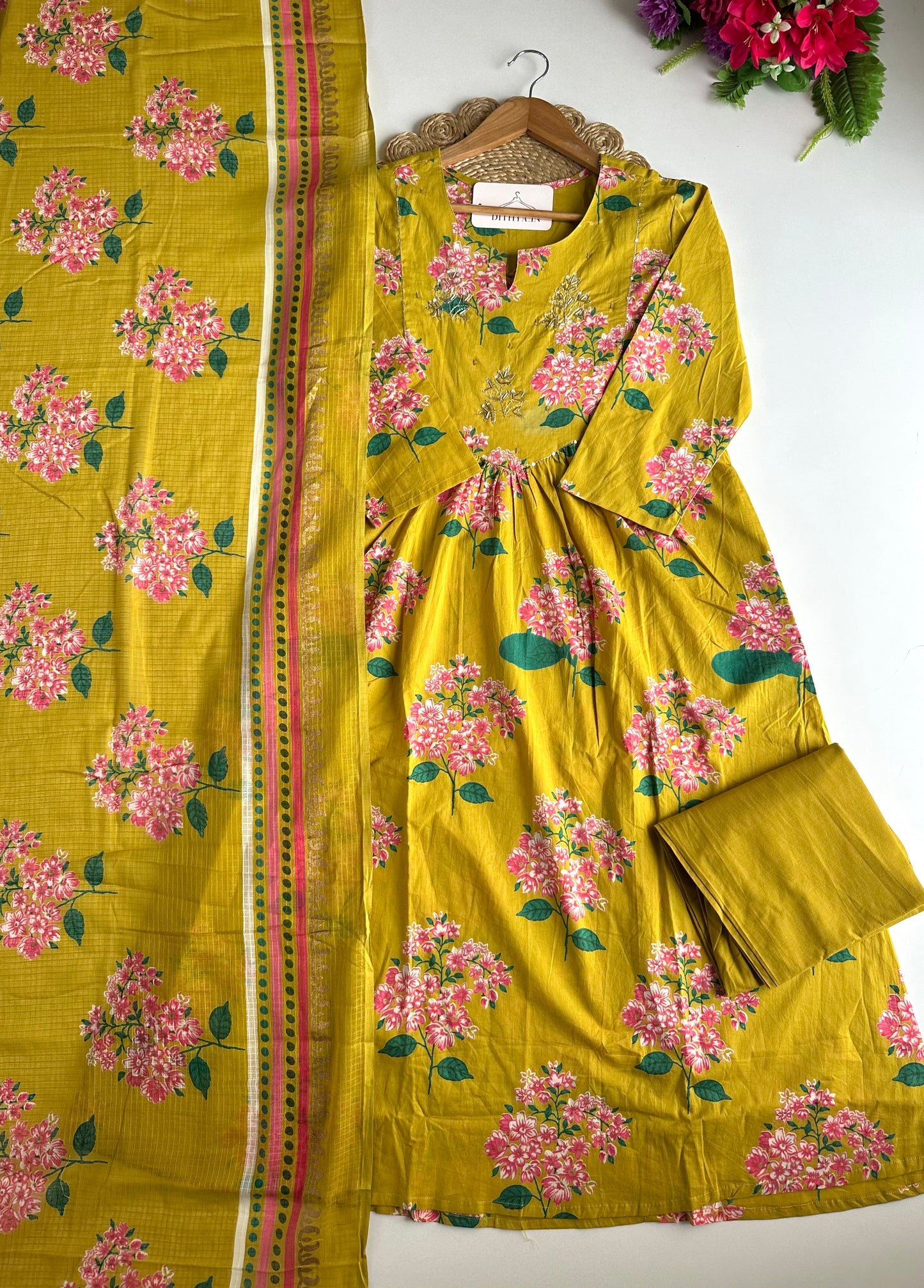 K060 - Mul cotton floral Anarkali with pants and dupatta