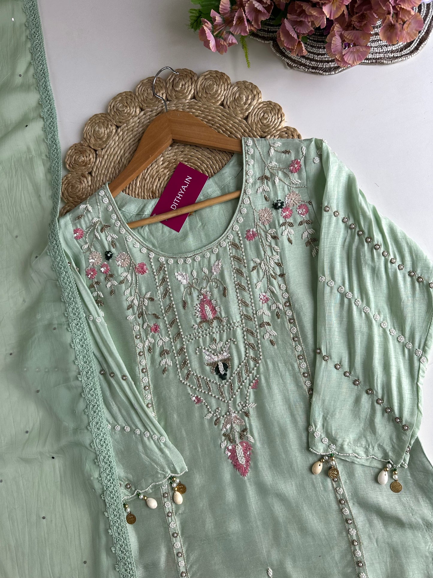 K188 - Russian silk handwork straight Kurti with pants and dupatta