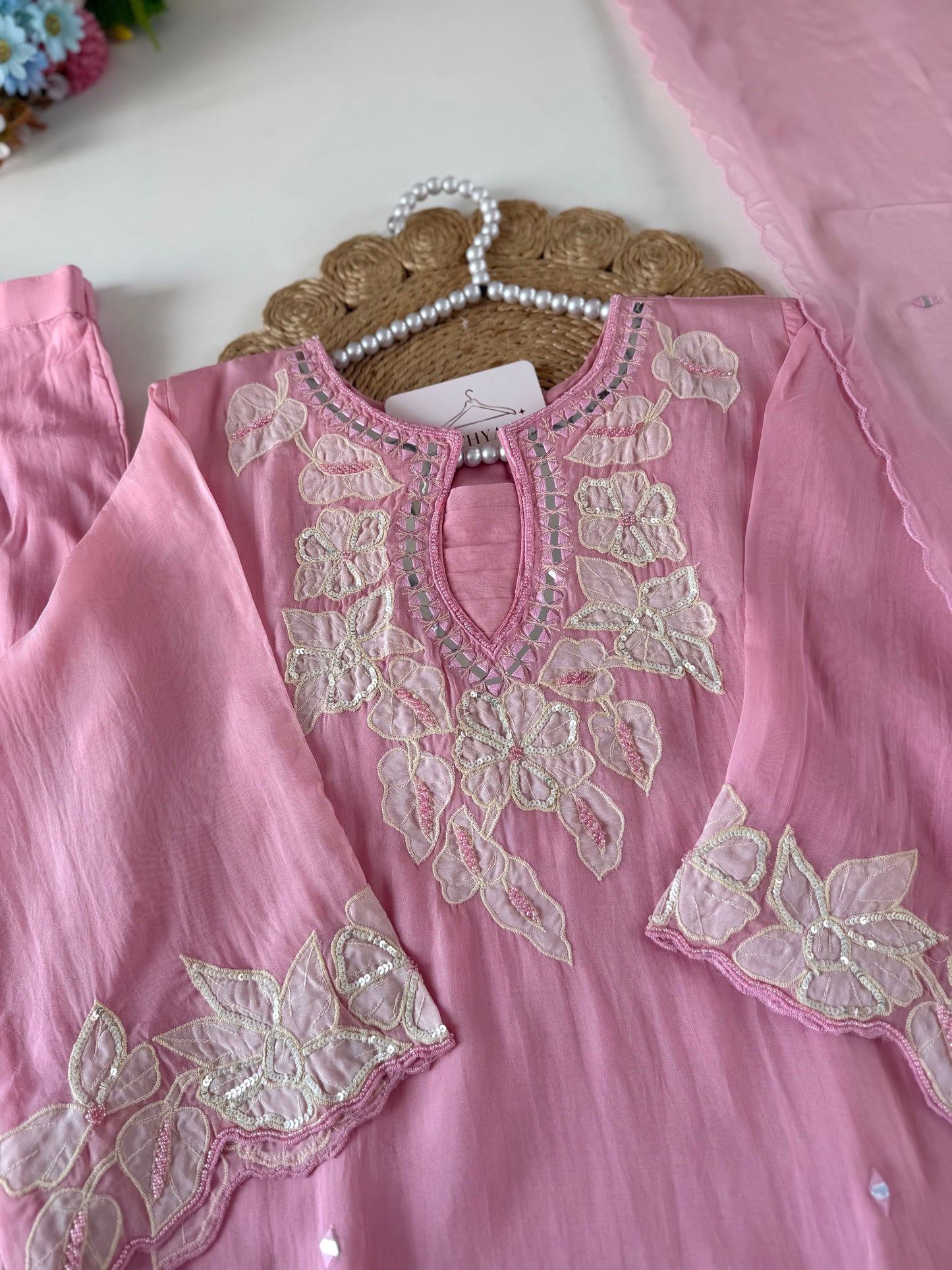 K046 - Viscose organza appliqué handwork short Kurti with divider pants and dupatta