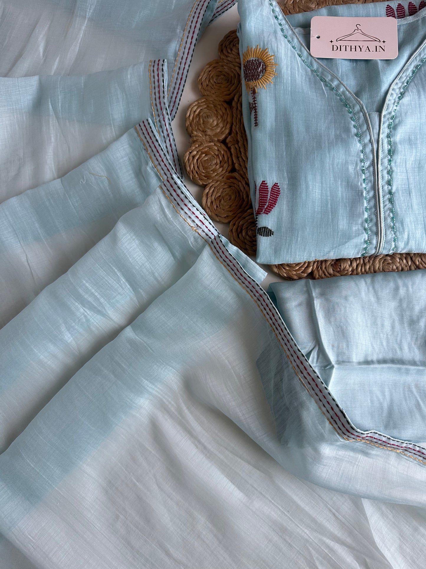 K473 - Muslin cotton embroidered straight Kurti with pants and dupatta