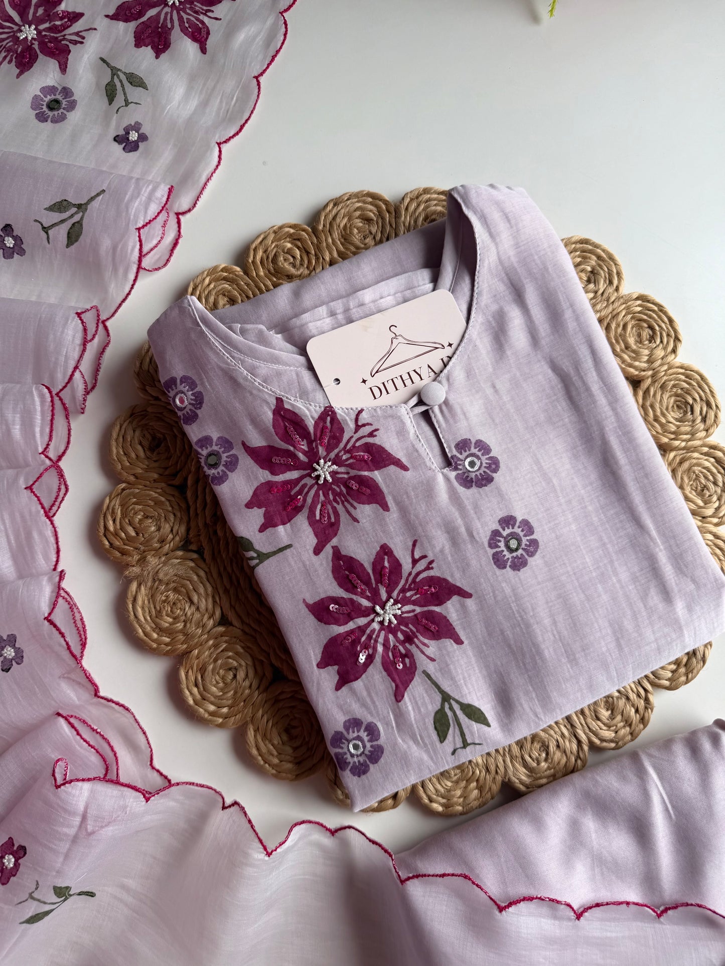 K012 - Mul Chanderi handwork straight Kurti with pants and dupatta
