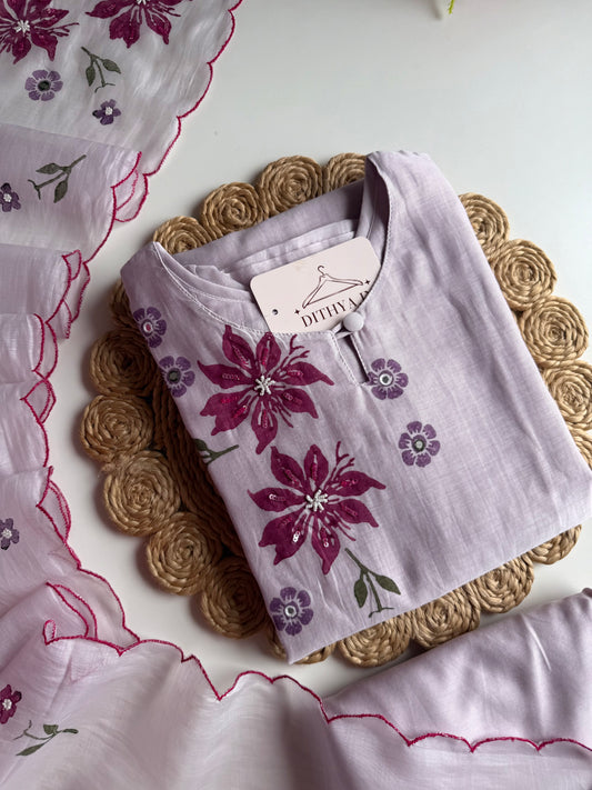 K012 - Mul Chanderi handwork straight Kurti with pants and dupatta