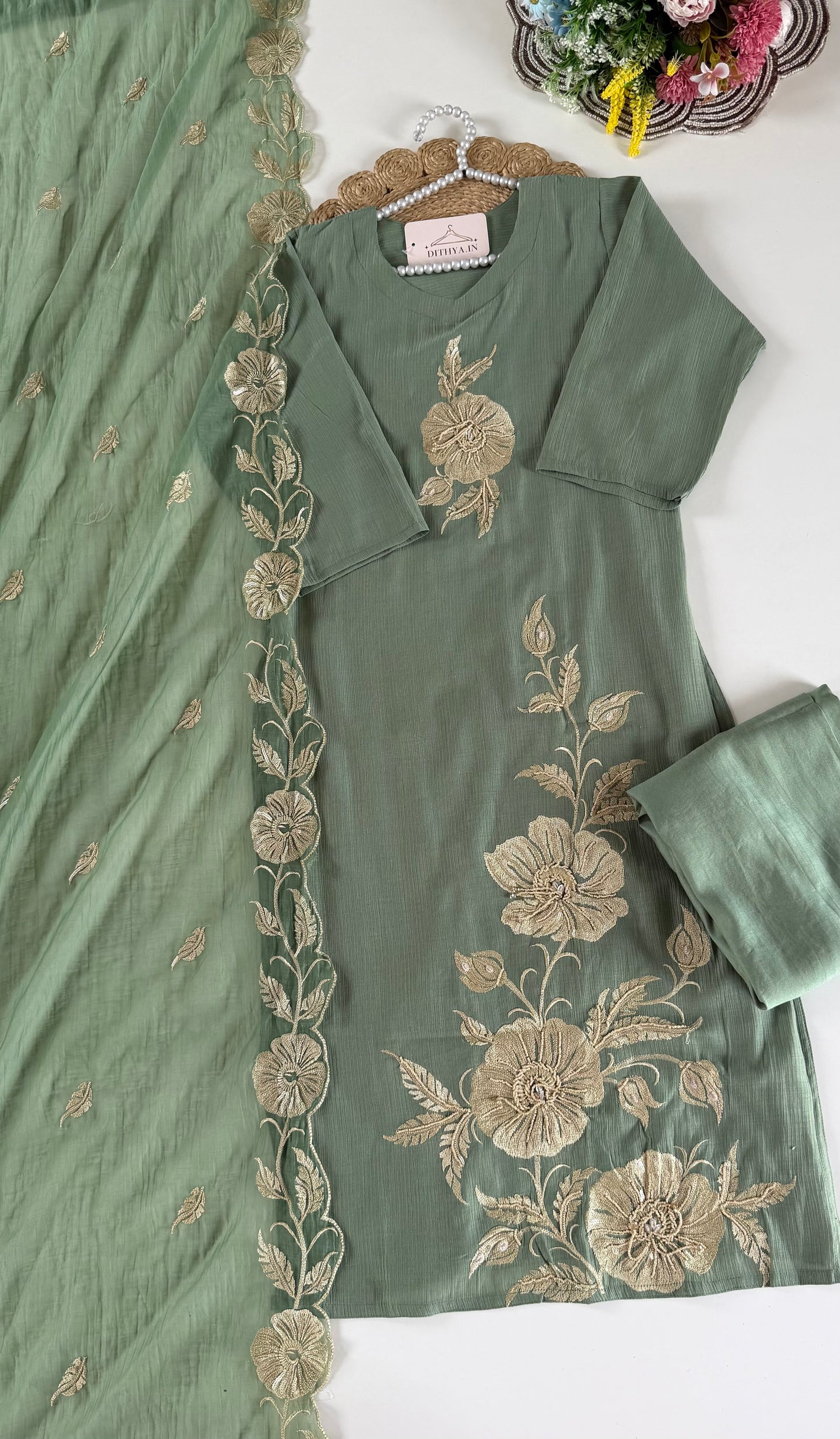 K542 - Muslin doriya embroidered straight Kurti with pants and dupatta