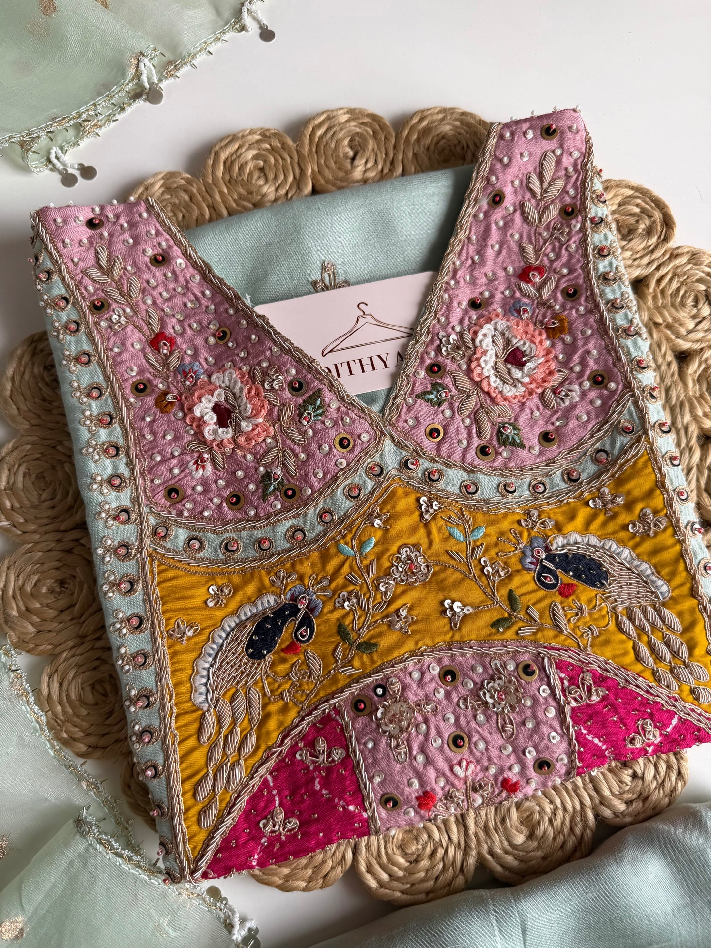 K154 - Russian silk handwork straight Kurti with pants and dupatta