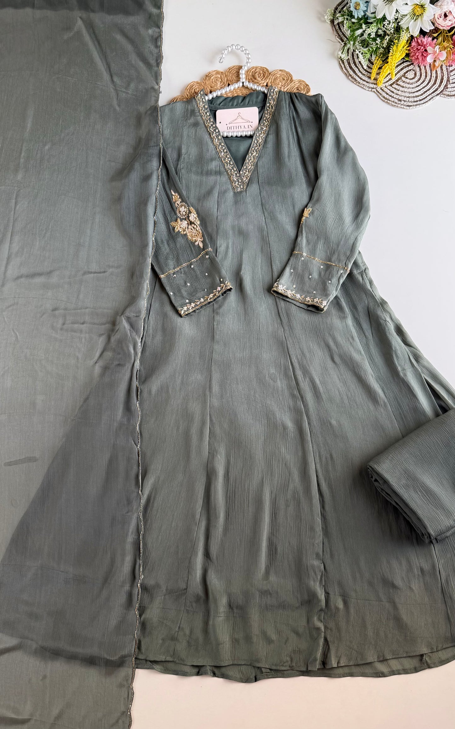 K382 - Pure Chinnon handwork Anarkali with pants and dupatta