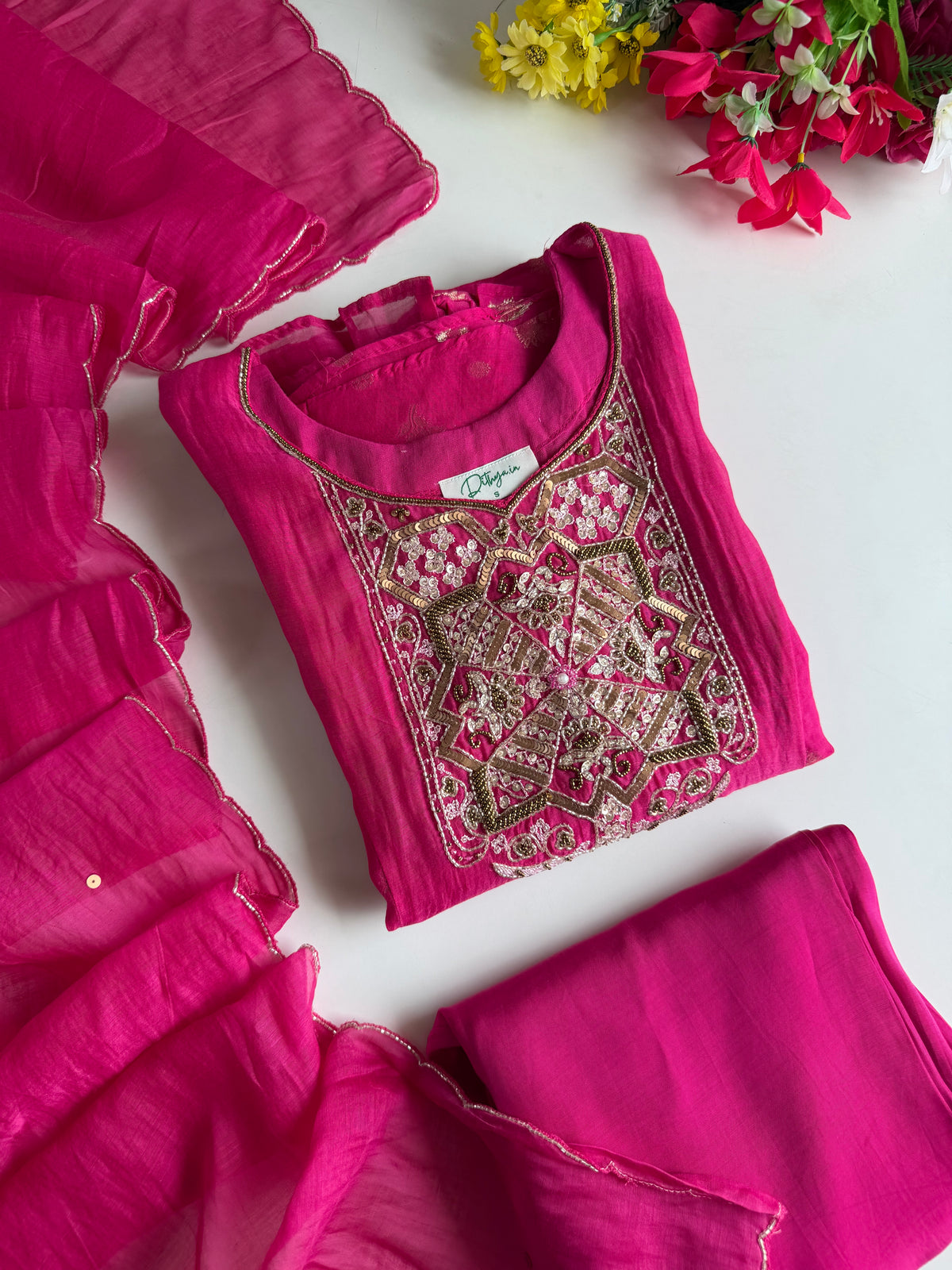 K551 - Mul chanderi zari handwork Aline Kurti with pants and dupatta