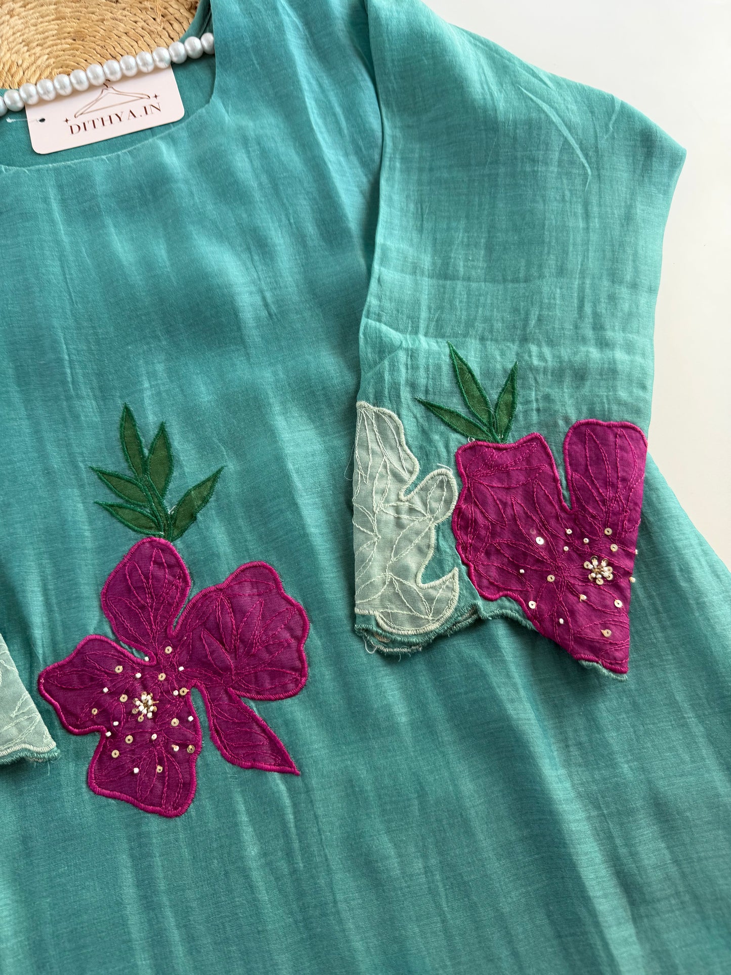 K251 - Mul chanderi appliqué work aline Kurti with pants and dupatta