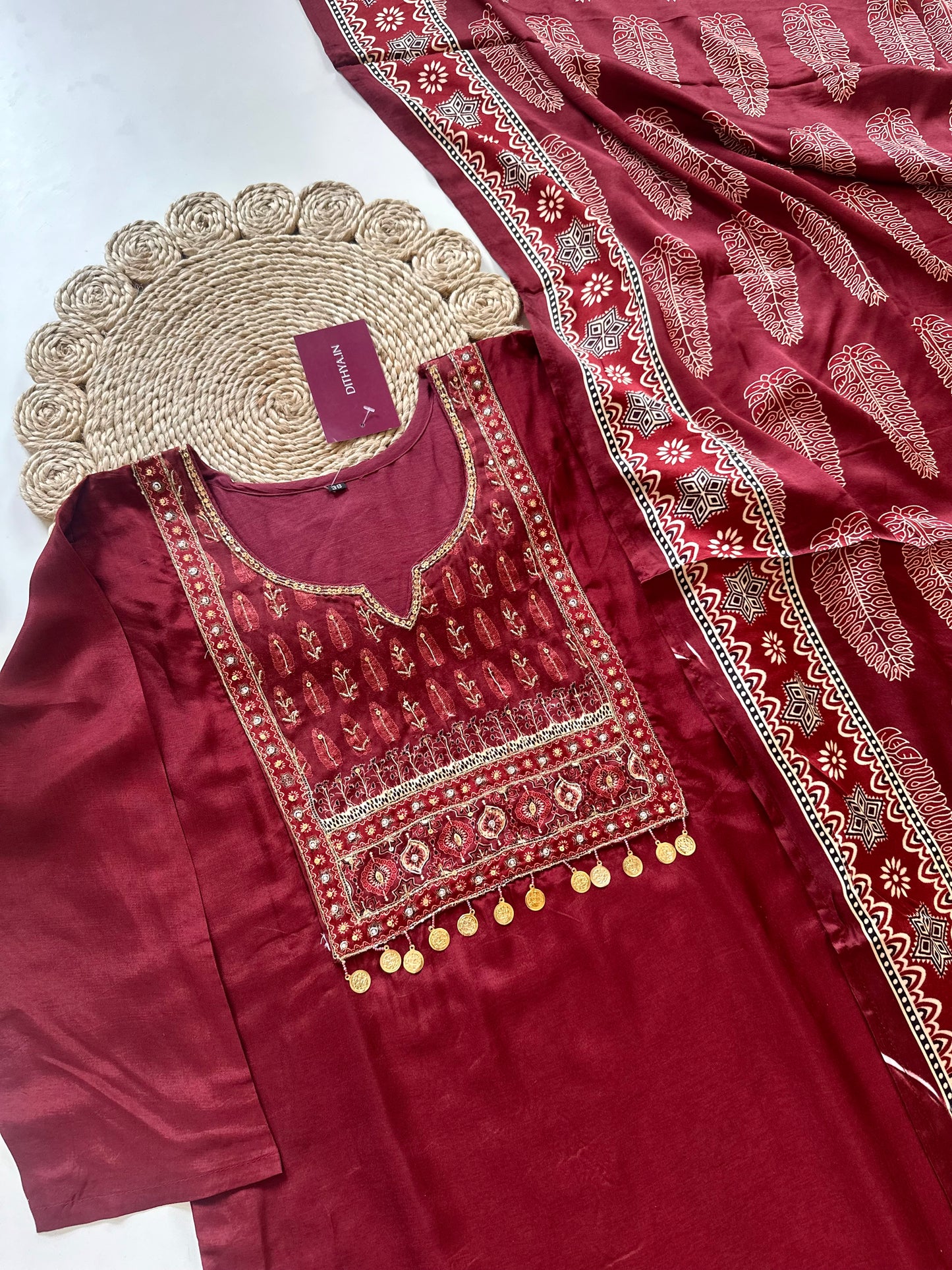 K105 - Russian silk handwork Straight kurti with pants and gaji dupatta .