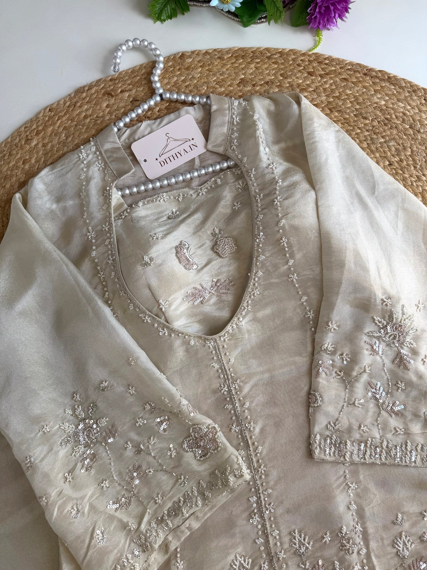 K555 - Tissue silk handwork Peplum top with inner and palazzo