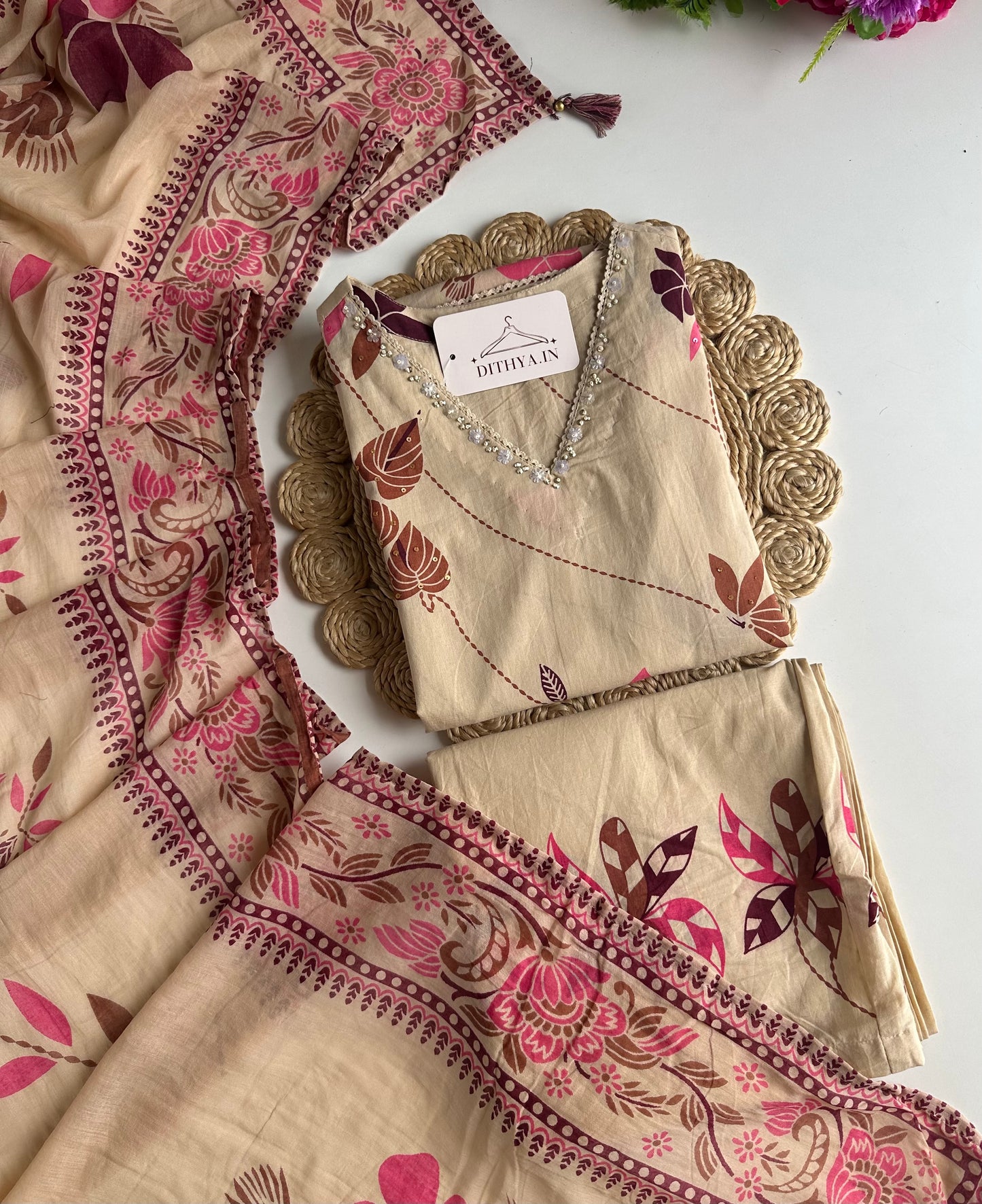 K146 - Mul cotton embroidered straight Kurti with pants and dupatta