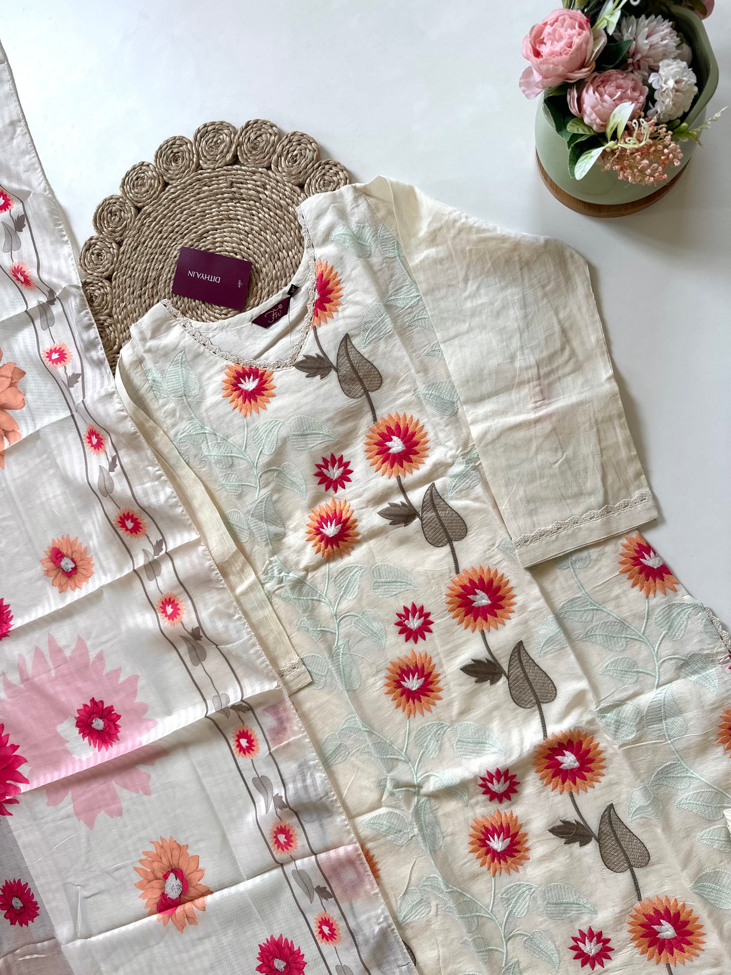 K081 - Hand embroidered Floral cotton straight kurti with pants and dupatta.