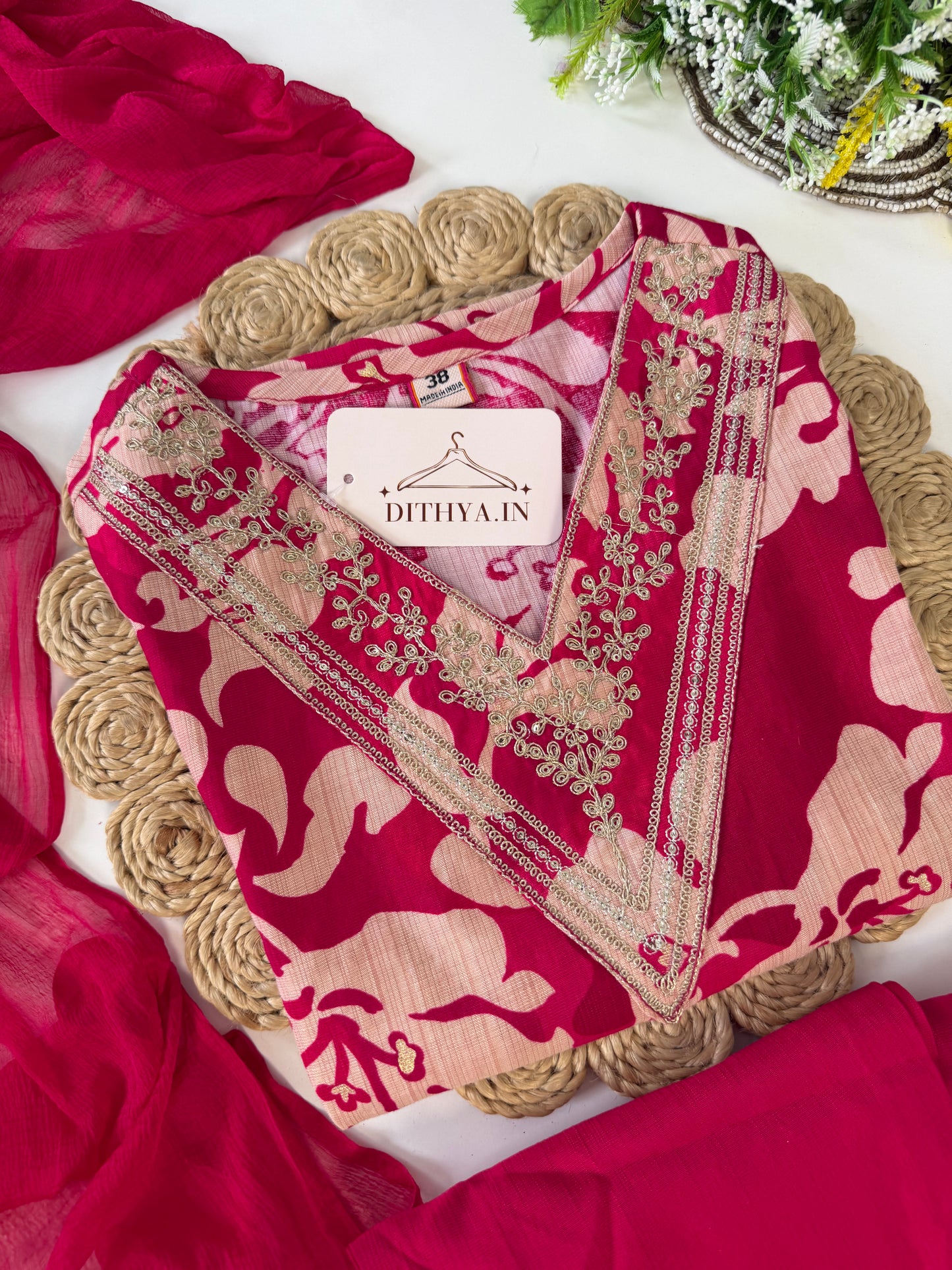 K544 - Roman silk embroidered straight Kurti with pants and dupatta
