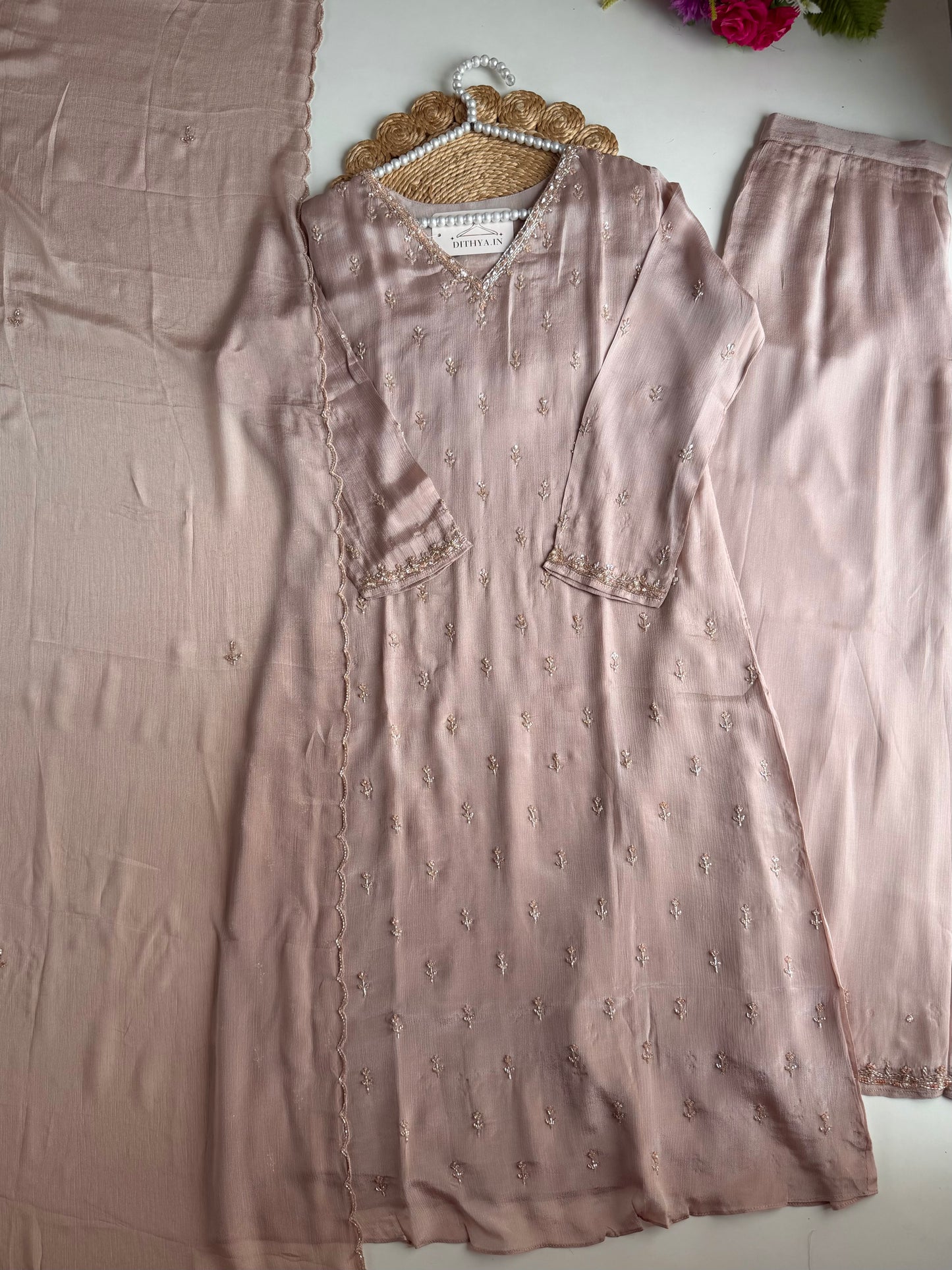 K534 - Chinnon handwork aline Kurti with divider pants and dupatta