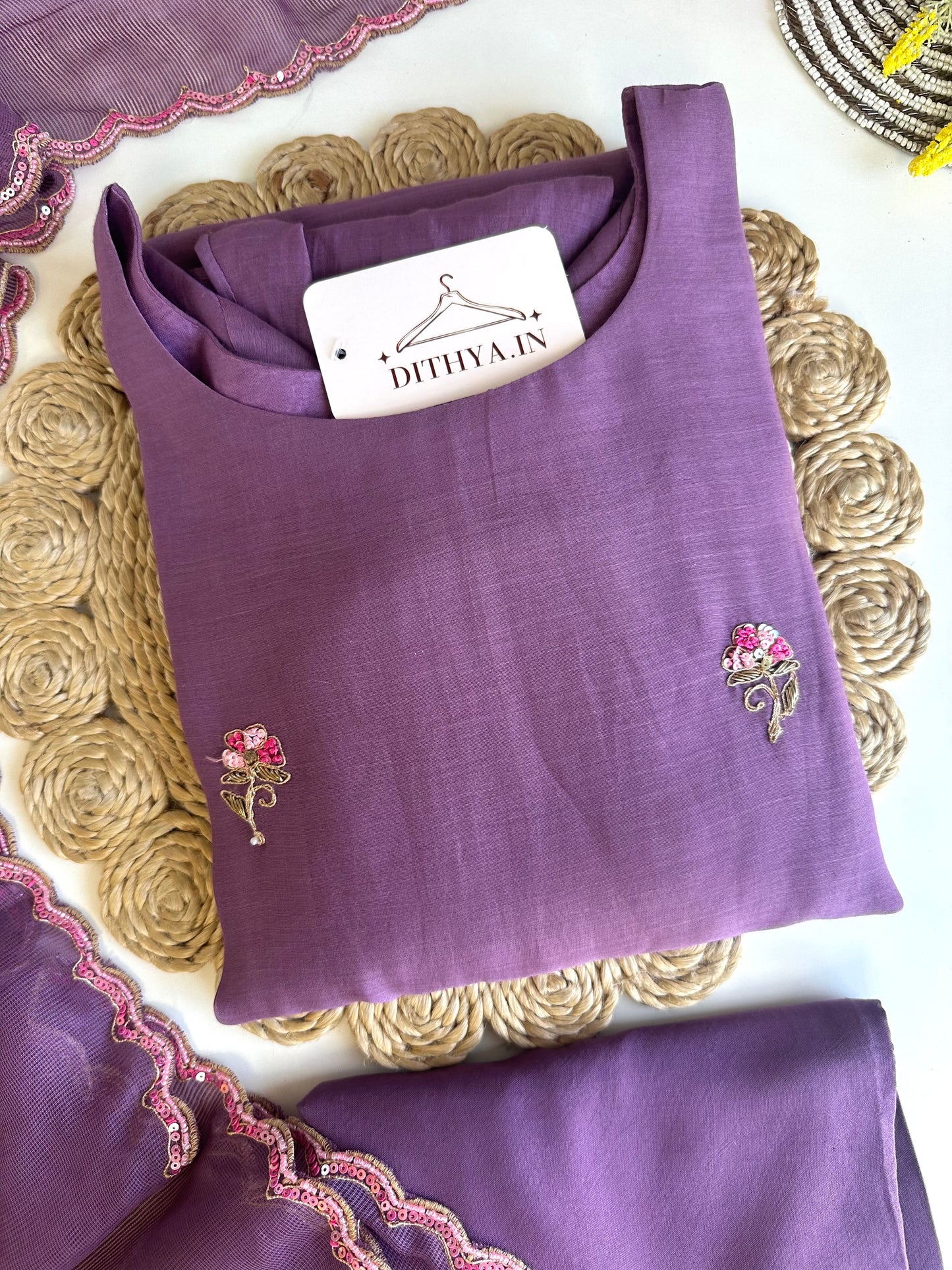 K469 - Mul chanderi handwork Aline kurti with pants and dupatta