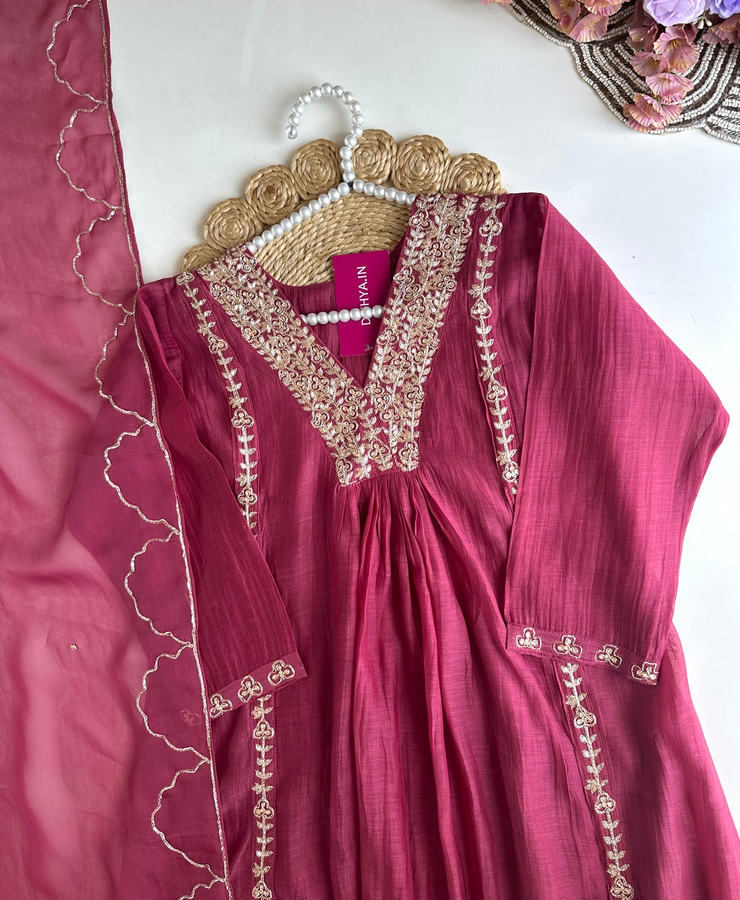 K165 - Mul Chanderi handwork Aline Kurti with pants and dupatta