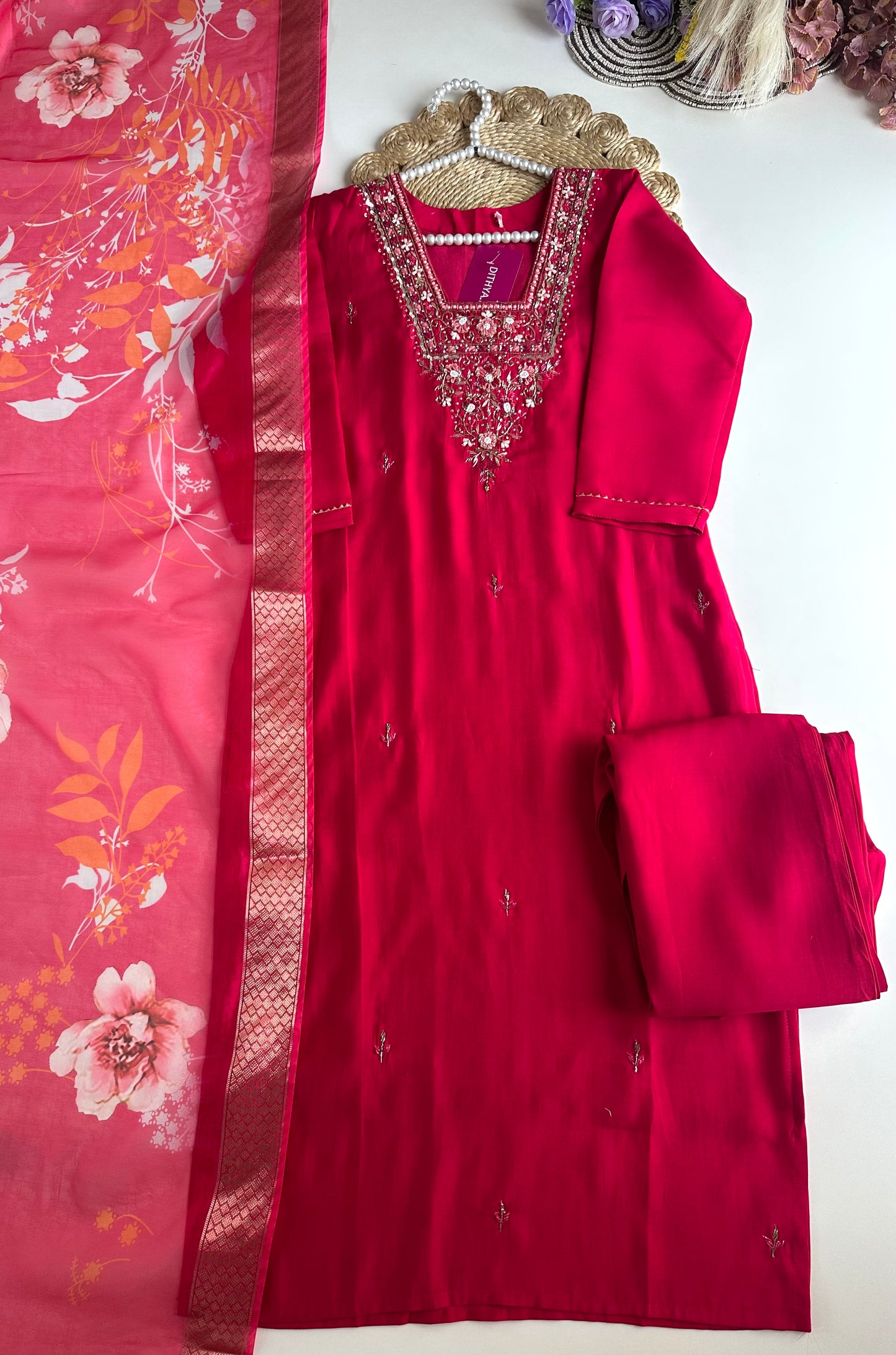 K110 - Roman silk handwork straight Kurti with pants and dupatta