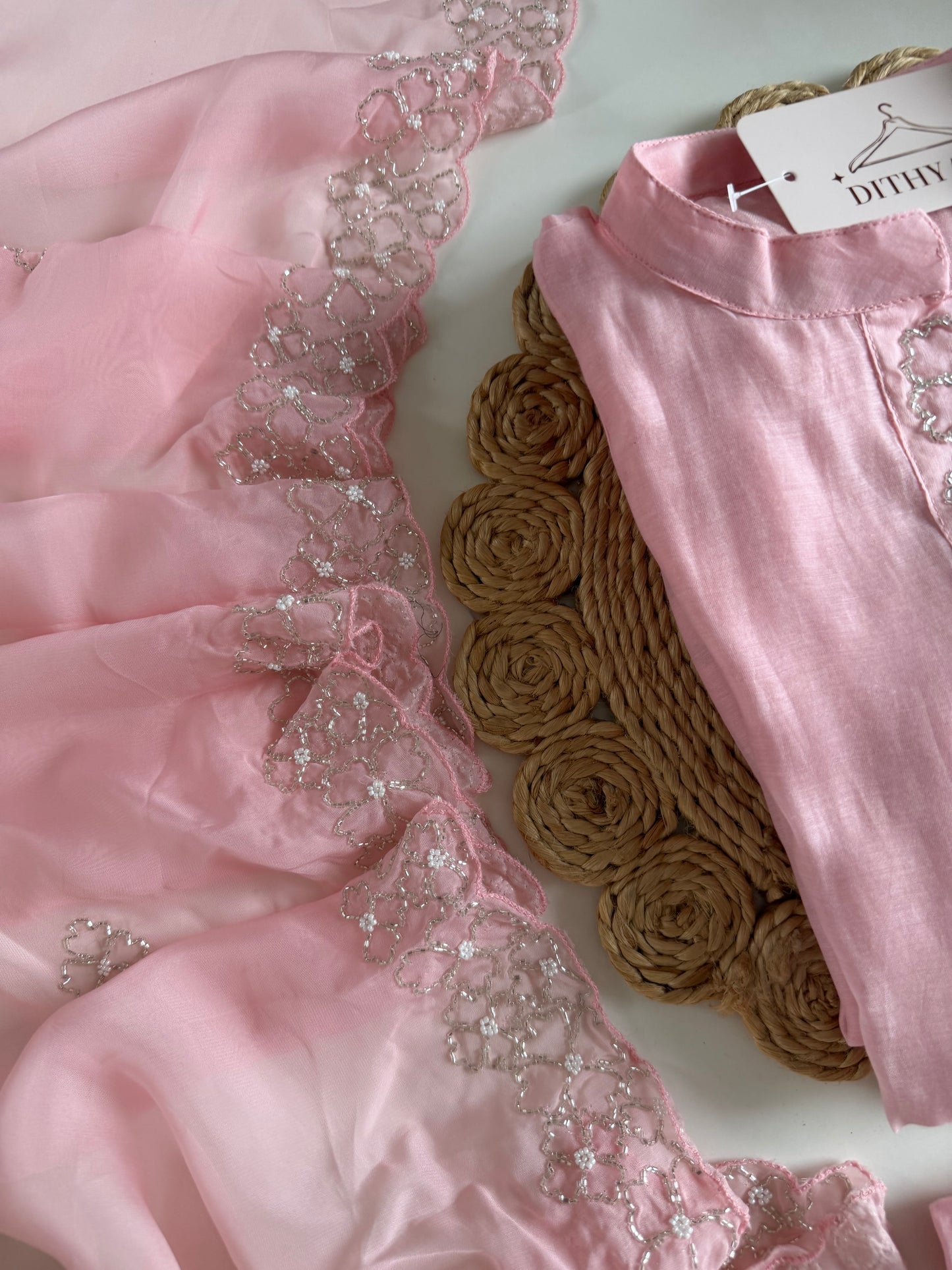 K283 - Mul chanderi handwork aline Kurti with pants and dupatta