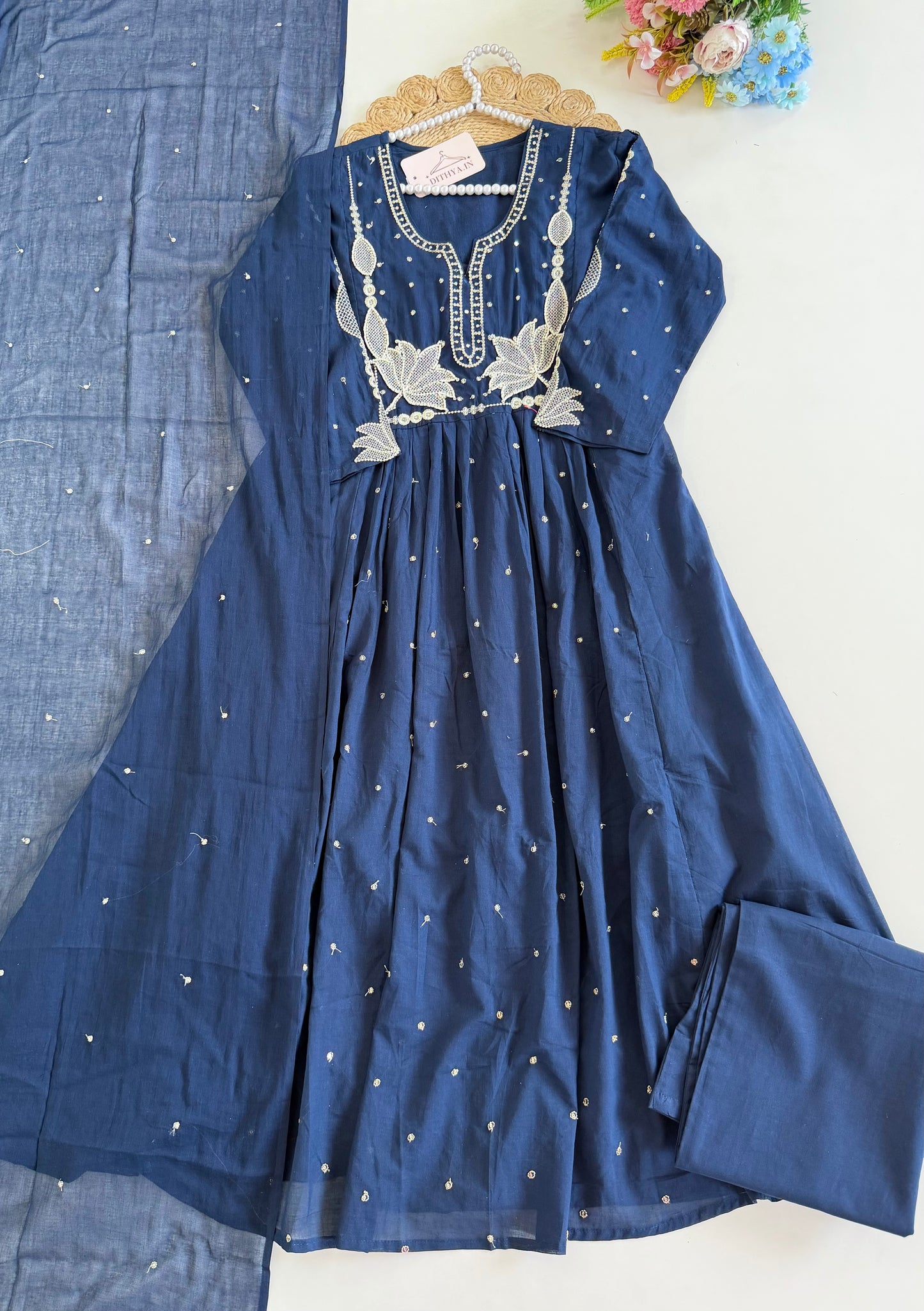 K126 - Mul cotton embroidered Anarkali with pants and dupatta in 2 colours