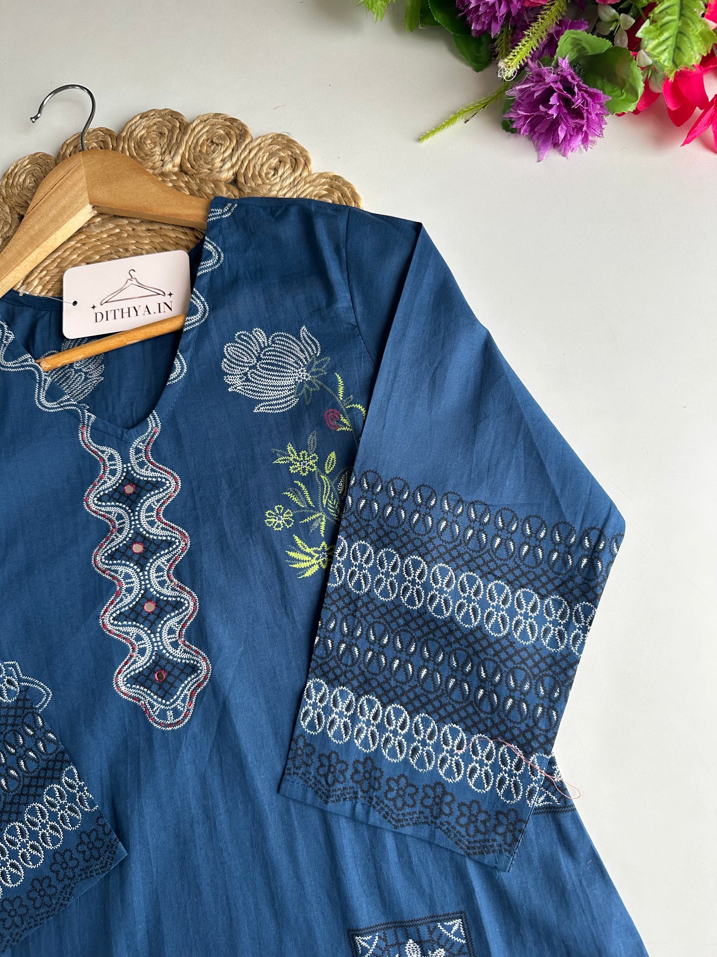 K418 - Mul cotton printed straight Kurti with pants and dupatta