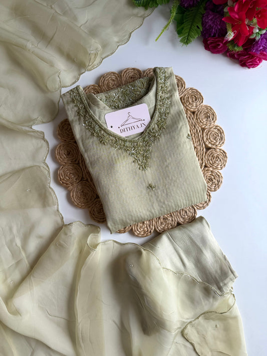 K217 - Crush tissue silk handwork aline Kurti with pants and dupatta