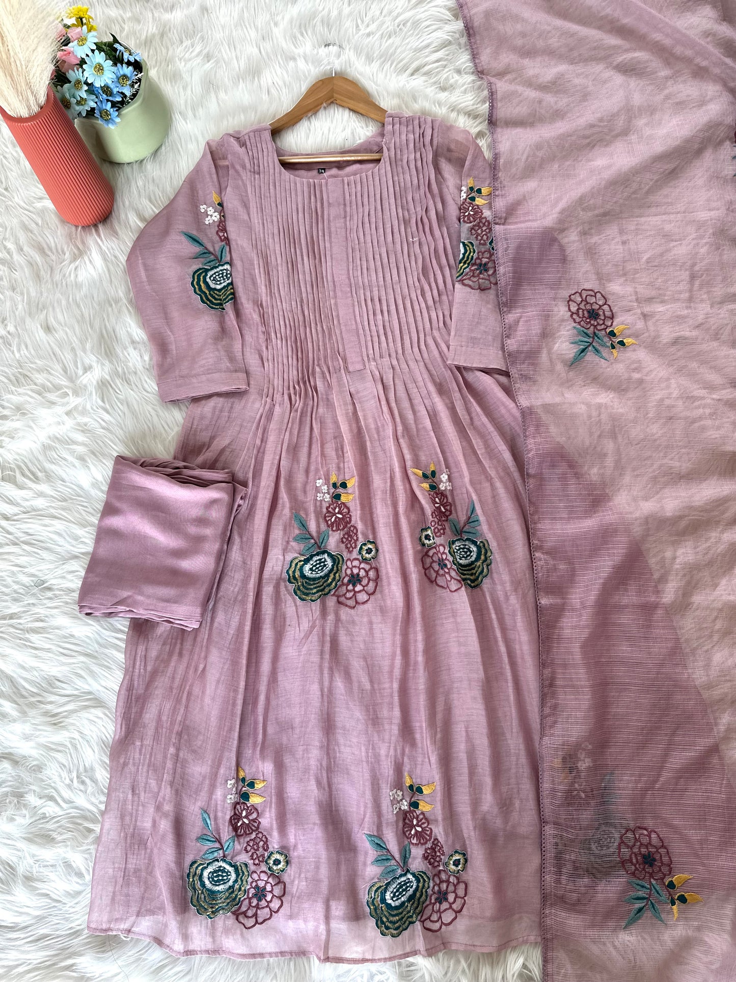 K294 - Mul Chanderi Appliqué work Aline Kurti with pants and dupatta in 2 colours
