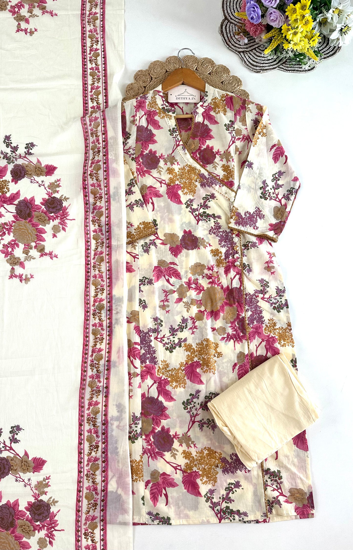 K244 - Mul cotton printed embroidered straight Kurti with pants and dupatta