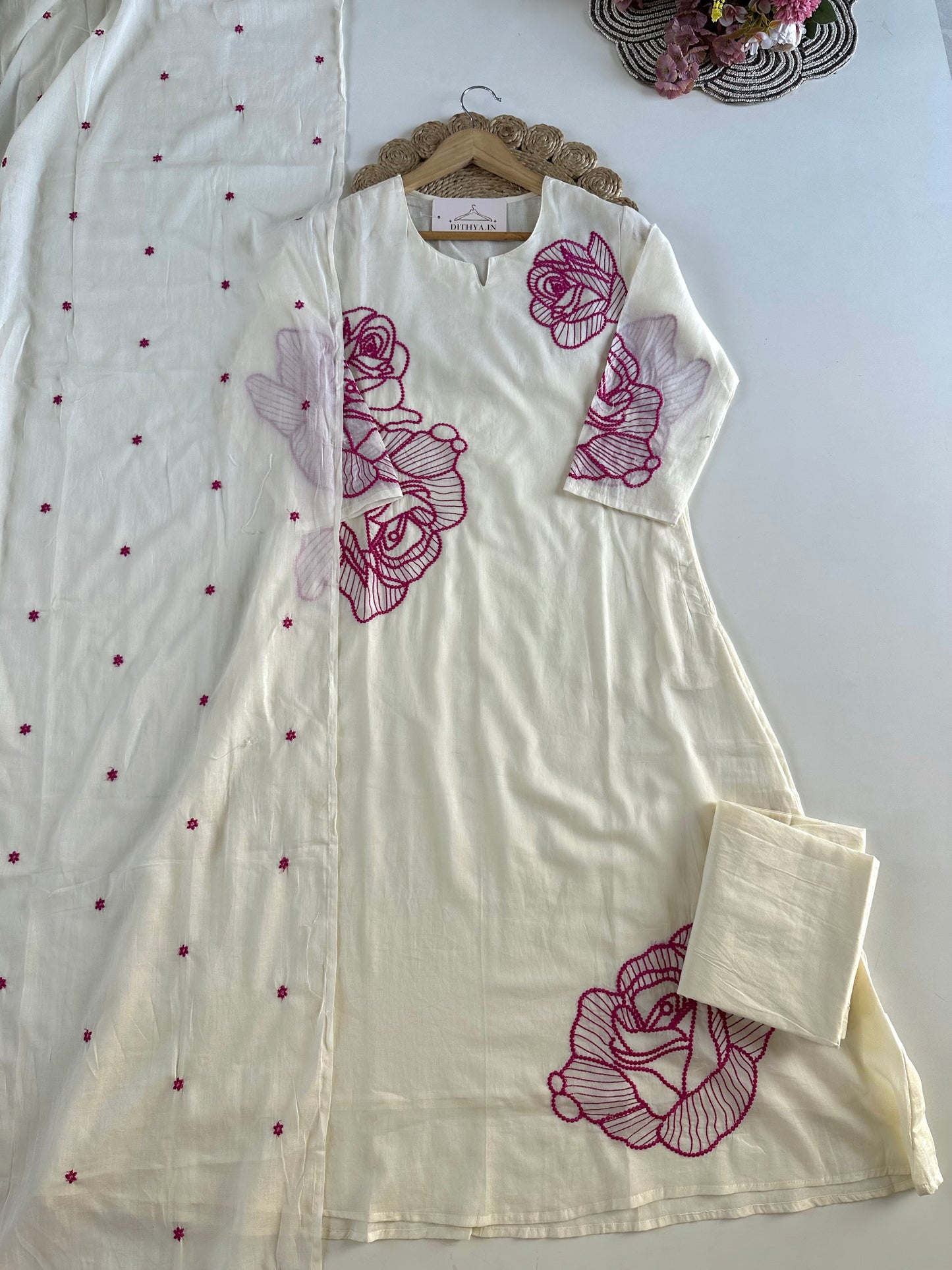 K449 - Mul cotton embroidered Aline Kurti with pants and dupatta