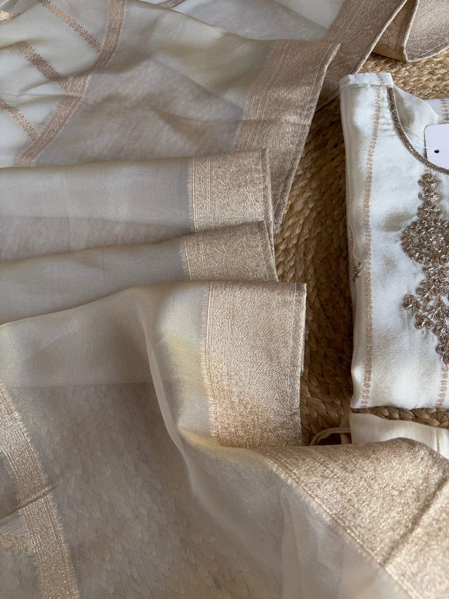 K092 - Tissue silk handwork straight Kurti with pants and dupatta