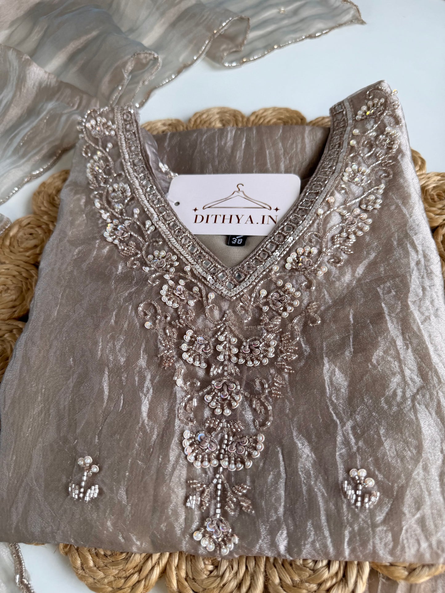 K184 - Crushed glass tissue short Kurti with divider pants and dupatta