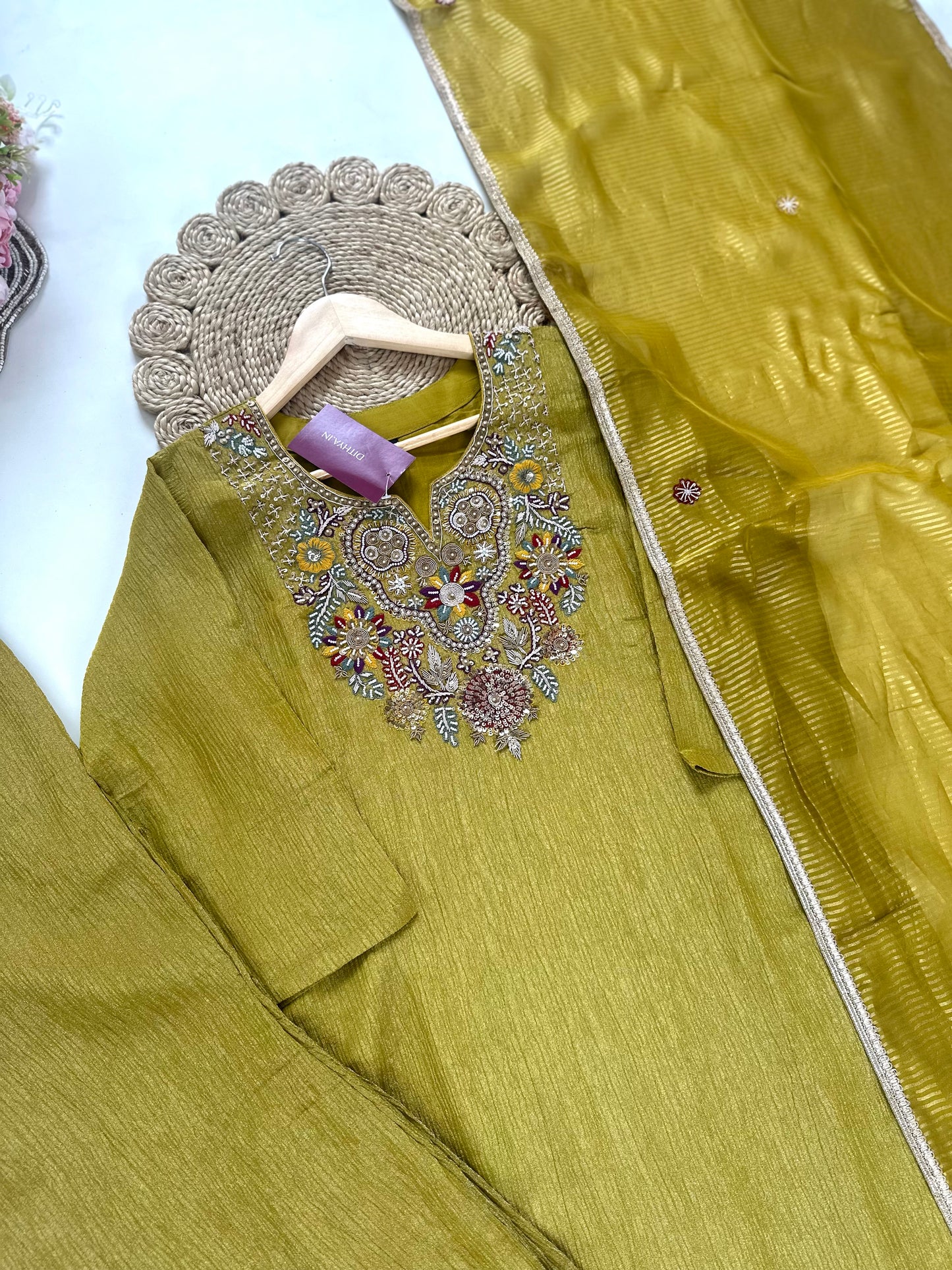 K289 - Crush Tissue silk straight handwork kurti with palazzo and dupatta