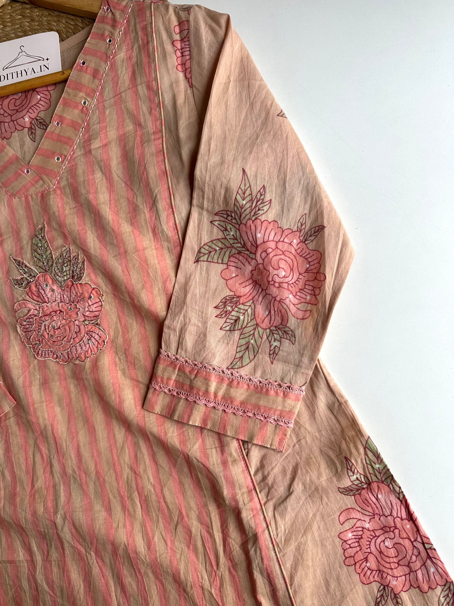 K629 - Mul cotton embroidered Aline Kurti with pants and dupatta