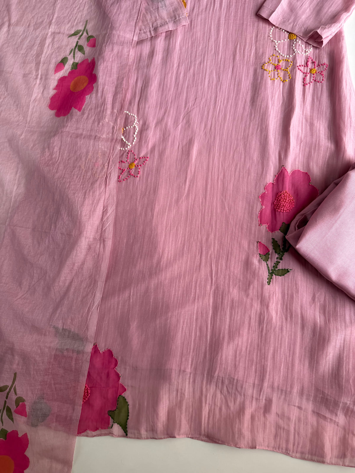 K262 - Mul chanderi hand painted embroidered Aline Kurti with pants and dupatta