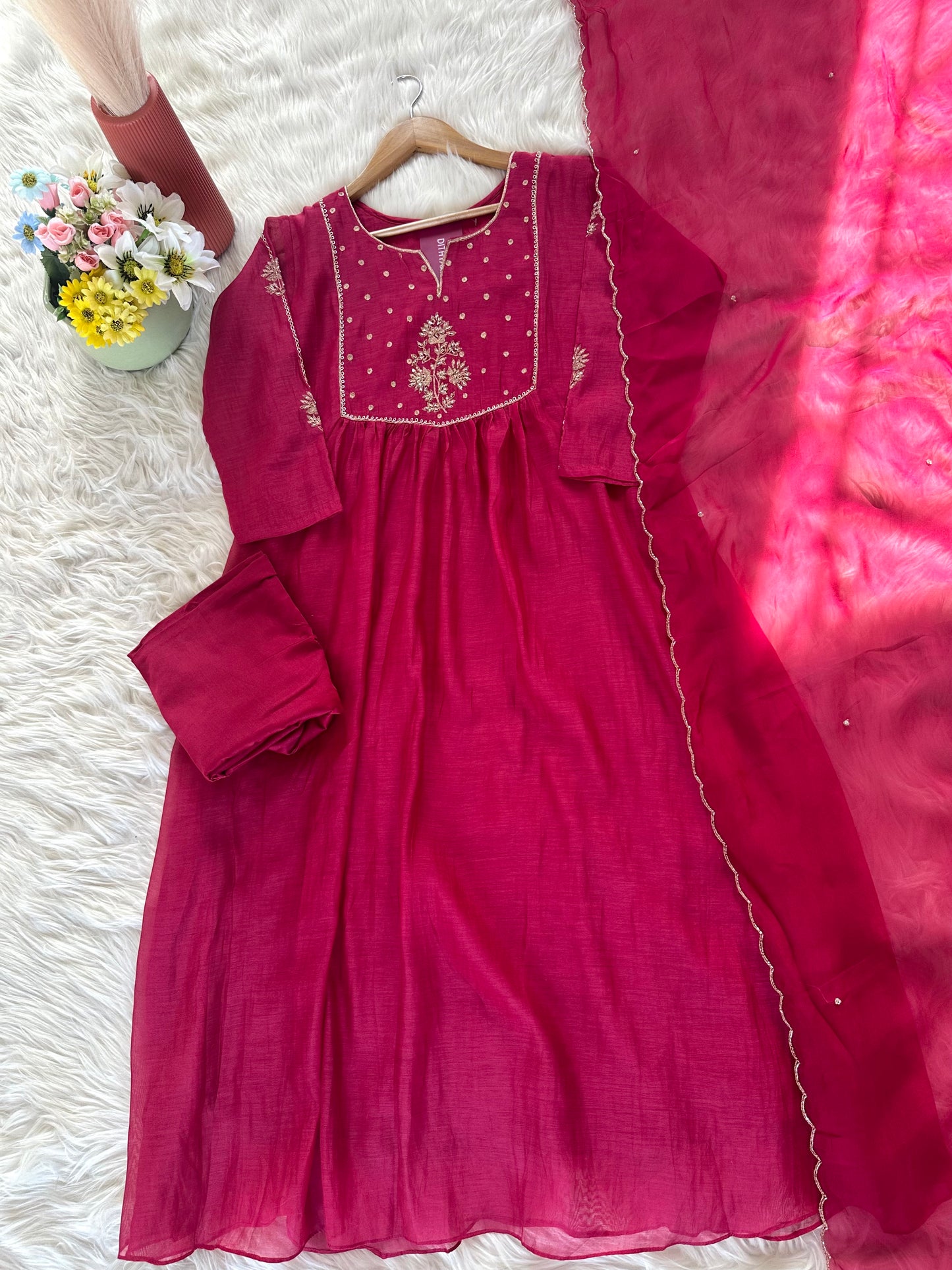 K037 - Mul Chanderi handwork Aline Kurti with pants and dupatta
