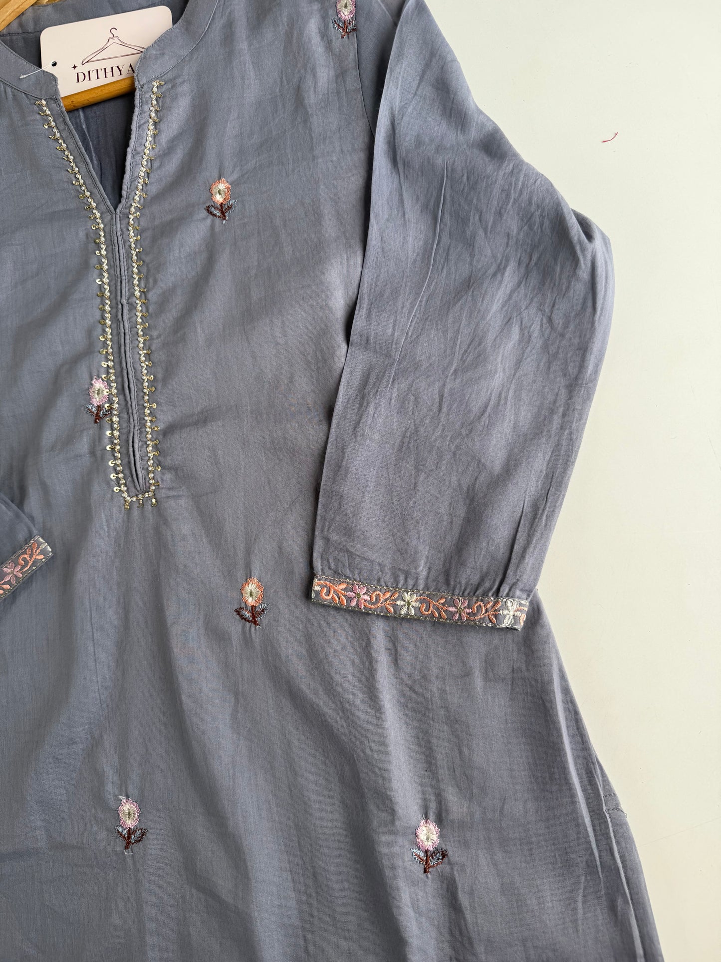 K132 - Mul cotton embroidered straight Kurti with pants and dupatta