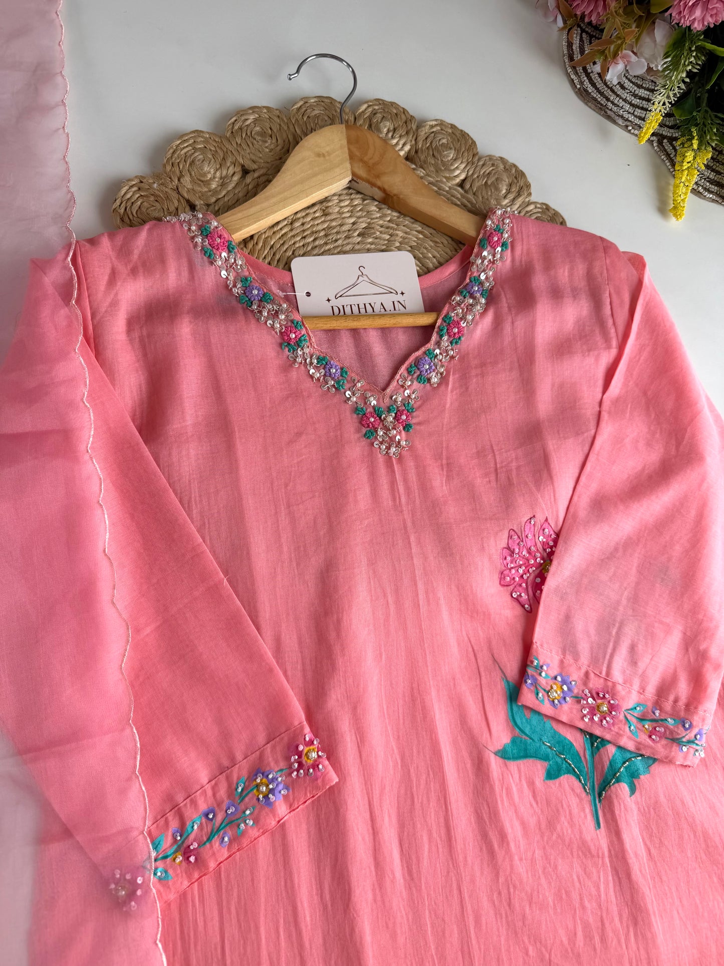 K672 - Mul cotton handwork straight Kurti with pants and dupatta