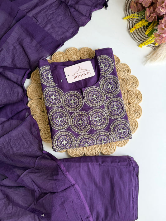 K528 - Mul cotton embroidered aline Kurti with pants and dupatta