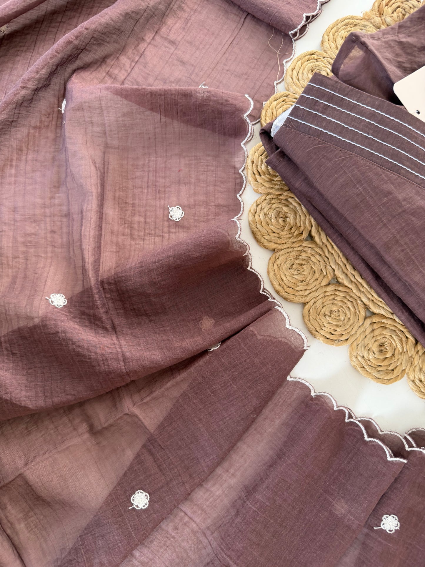 K532 - Muslin silk embroidered Aline Kurti with pants and dupatta in 2 colours